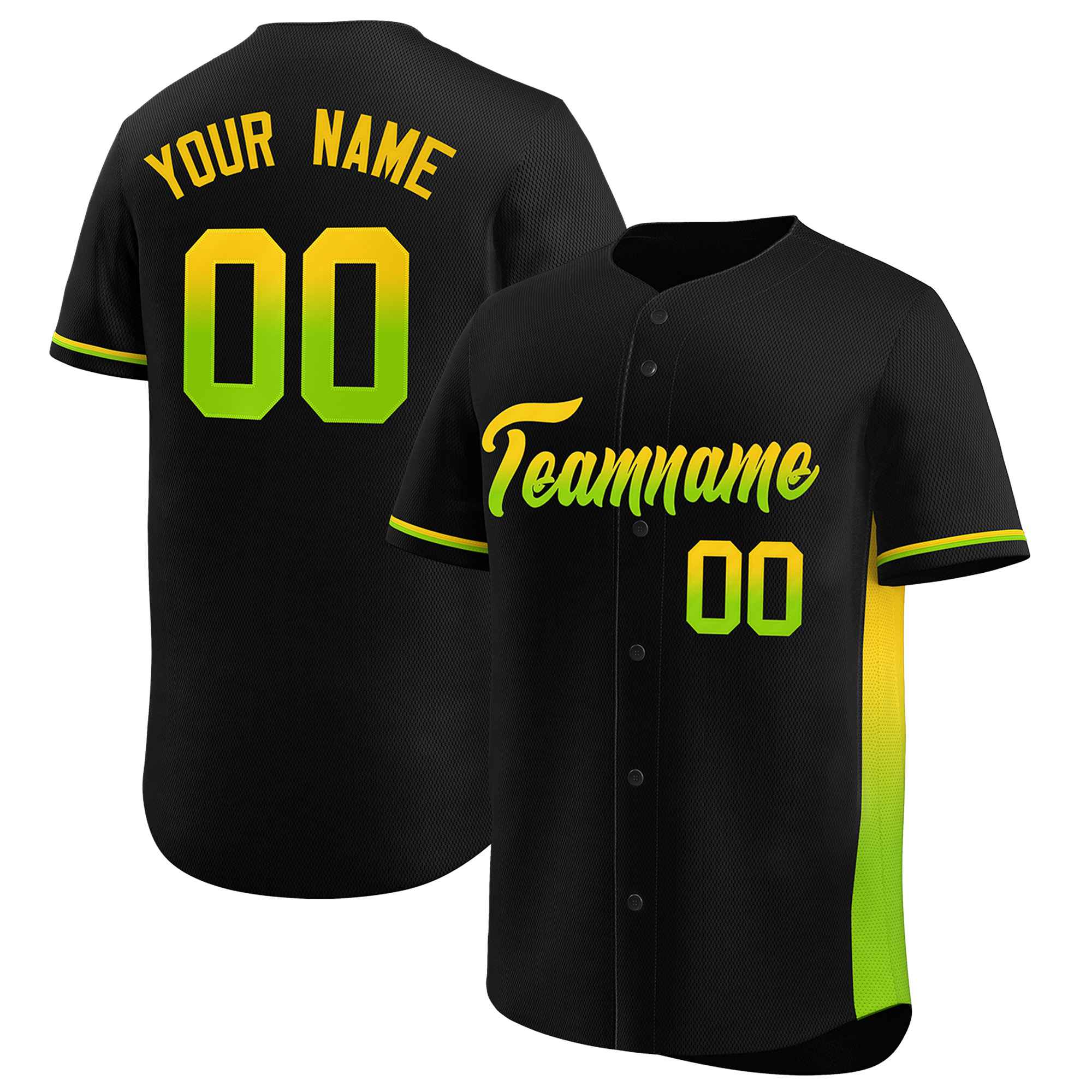 Custom Black Gold-Neon Green Personalized Gradient Font And Side Design Authentic Baseball Jersey