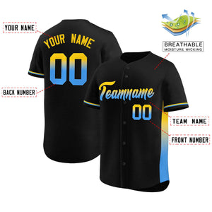 Custom Black Gold-Powder Blue Personalized Gradient Font And Side Design Authentic Baseball Jersey