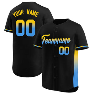 Custom Black Gold-Powder Blue Personalized Gradient Font And Side Design Authentic Baseball Jersey