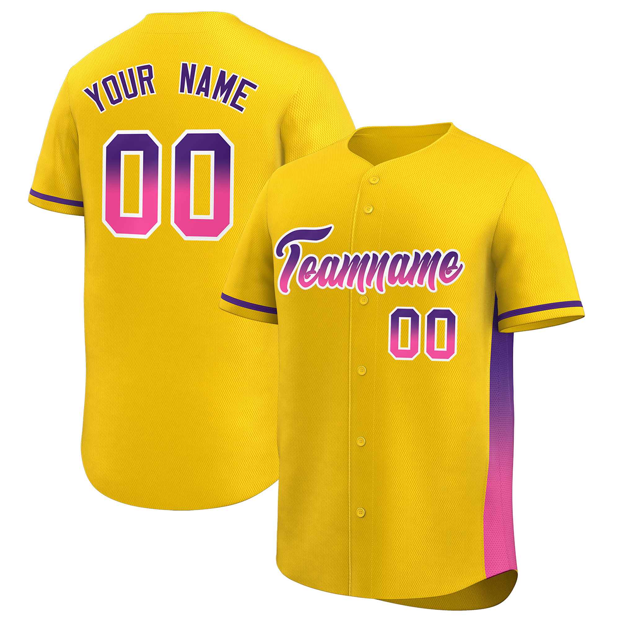 Custom Gold Purple-Pink Personalized Gradient Font And Side Design Authentic Baseball Jersey