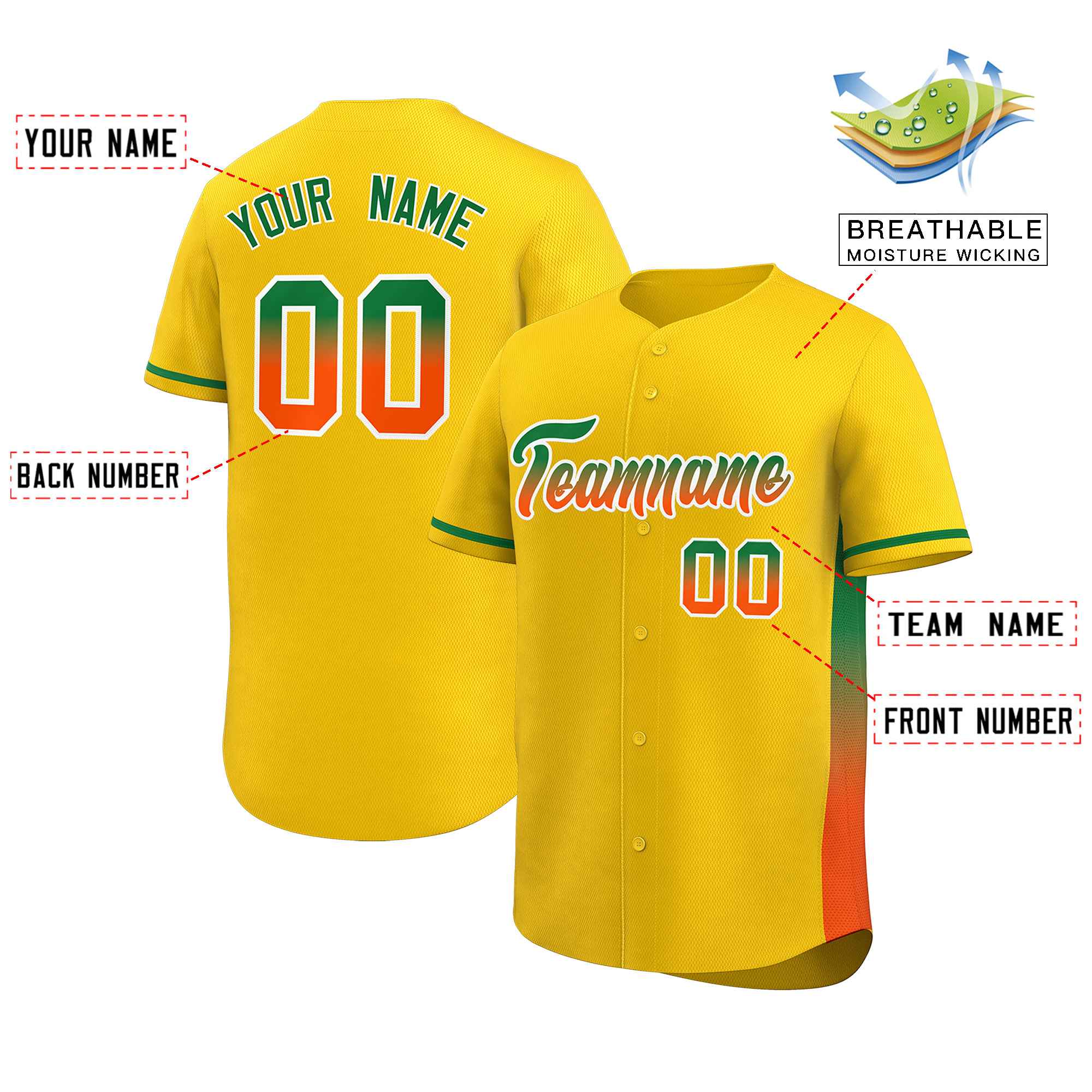 Custom Gold Kelly Green-Orange Personalized Gradient Font And Side Design Authentic Baseball Jersey