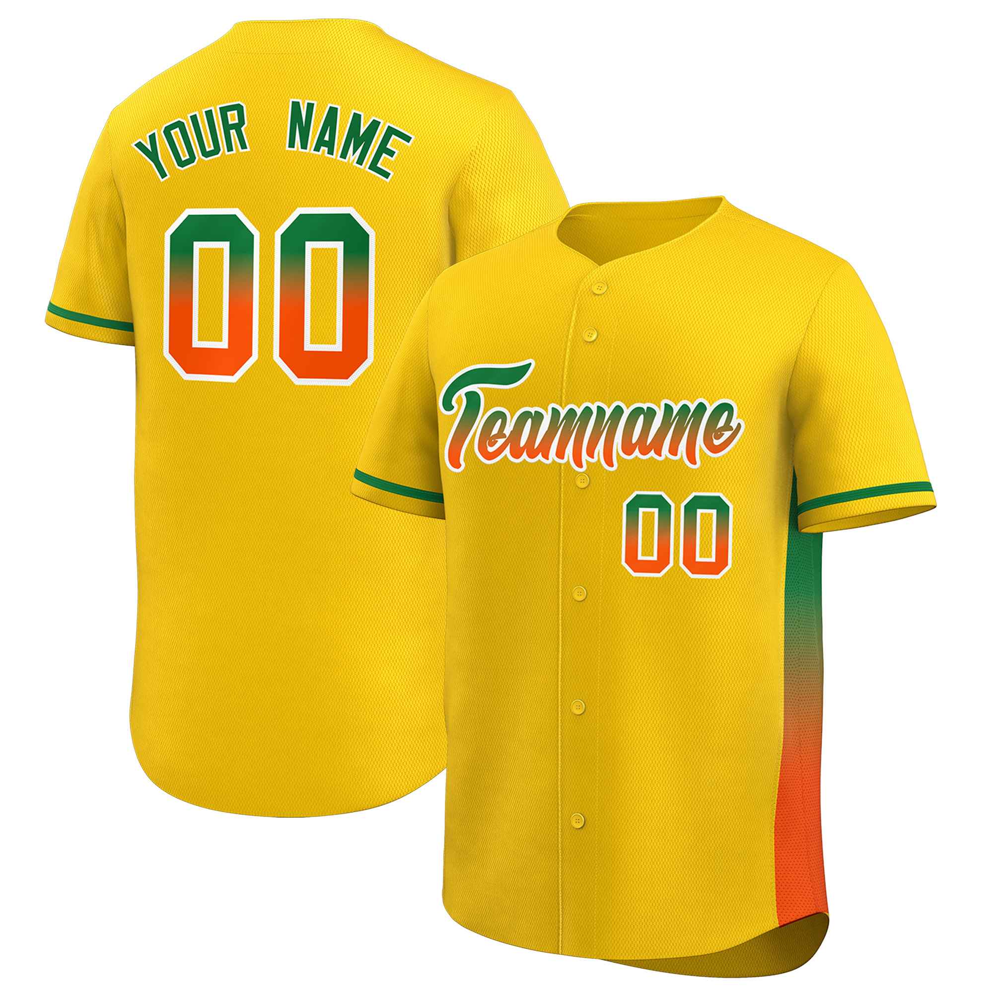 Custom Gold Kelly Green-Orange Personalized Gradient Font And Side Design Authentic Baseball Jersey