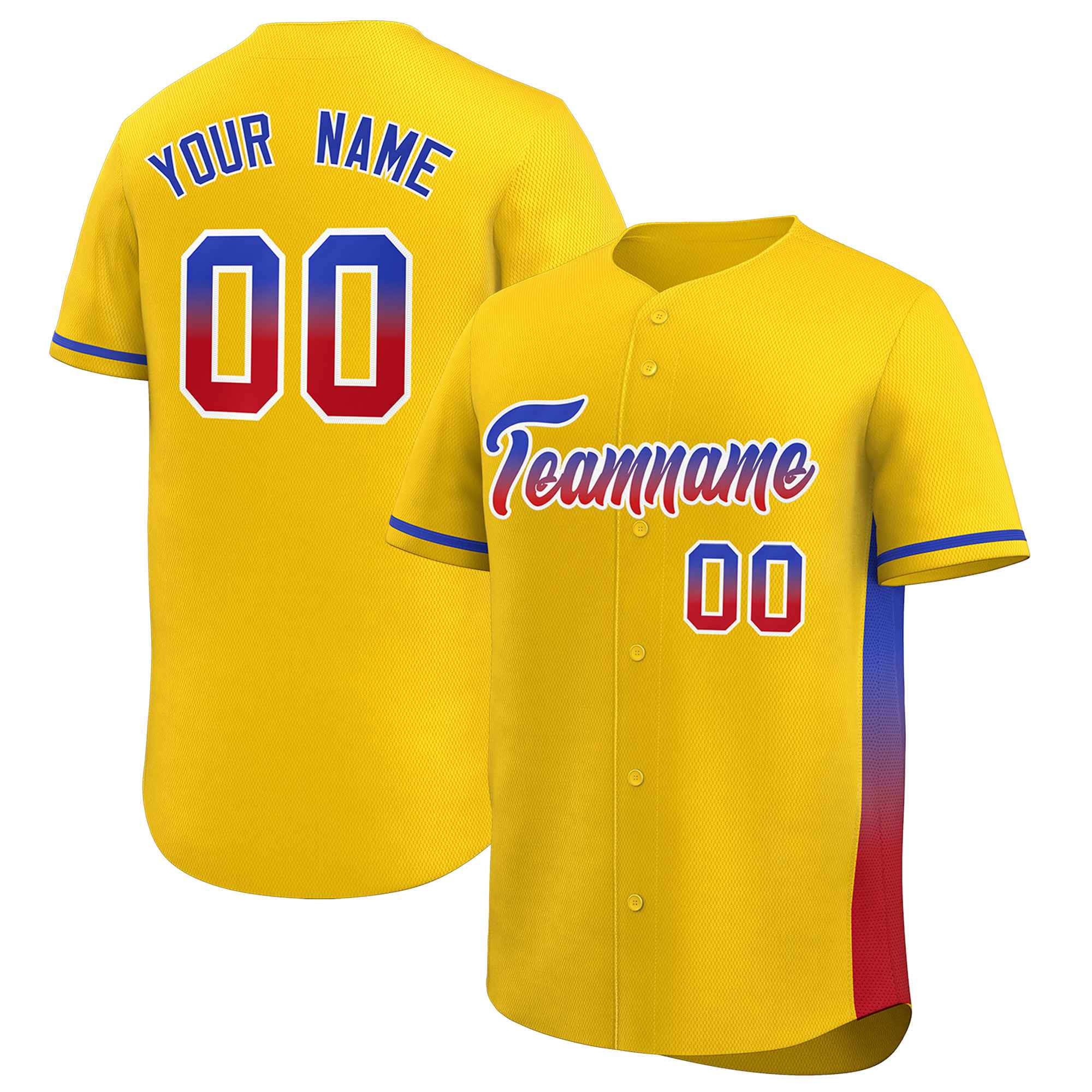 Custom Gold Royal-Red Personalized Gradient Font And Side Design Authentic Baseball Jersey