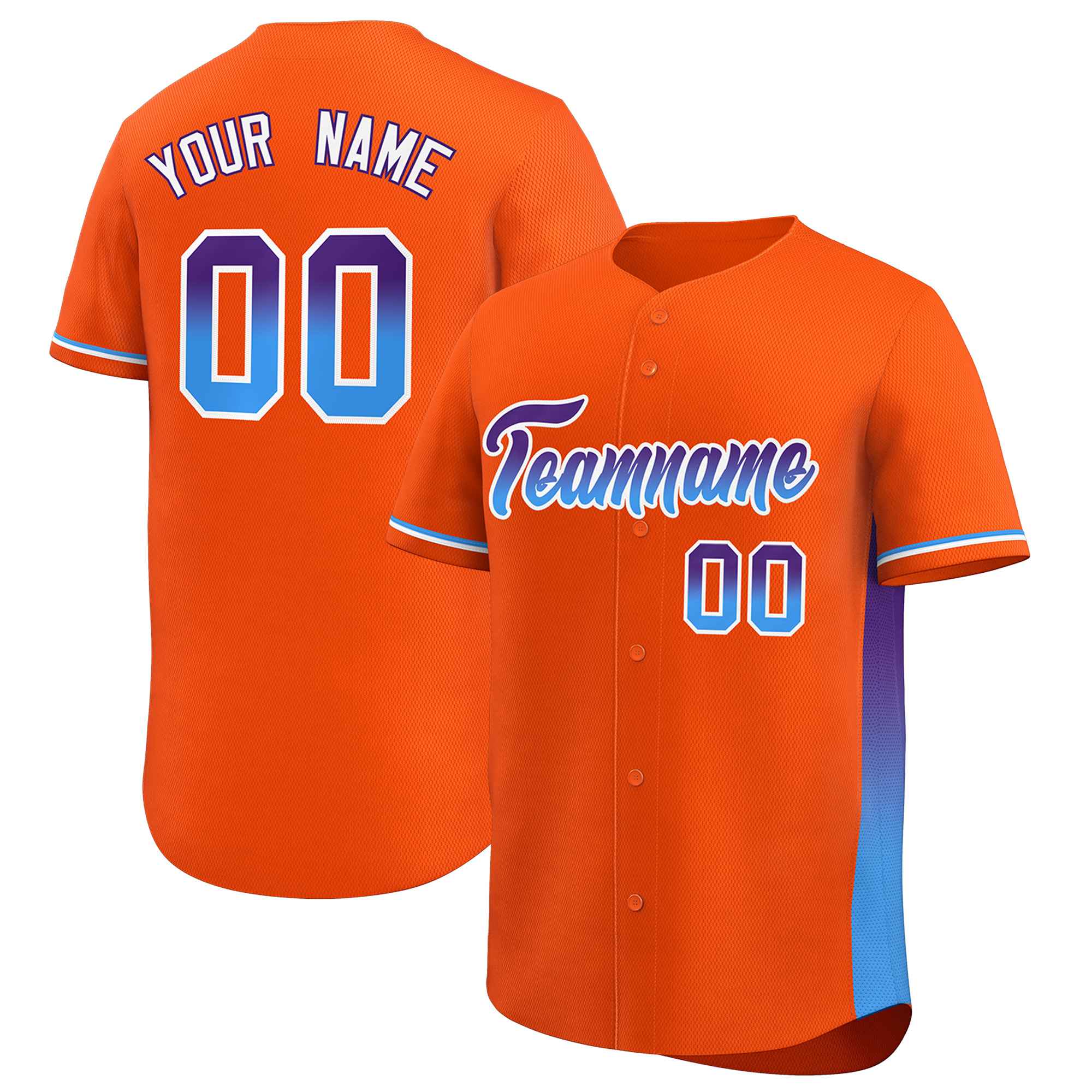 Custom Orange Purple-Powder Blue Personalized Gradient Font And Side Design Authentic Baseball Jersey