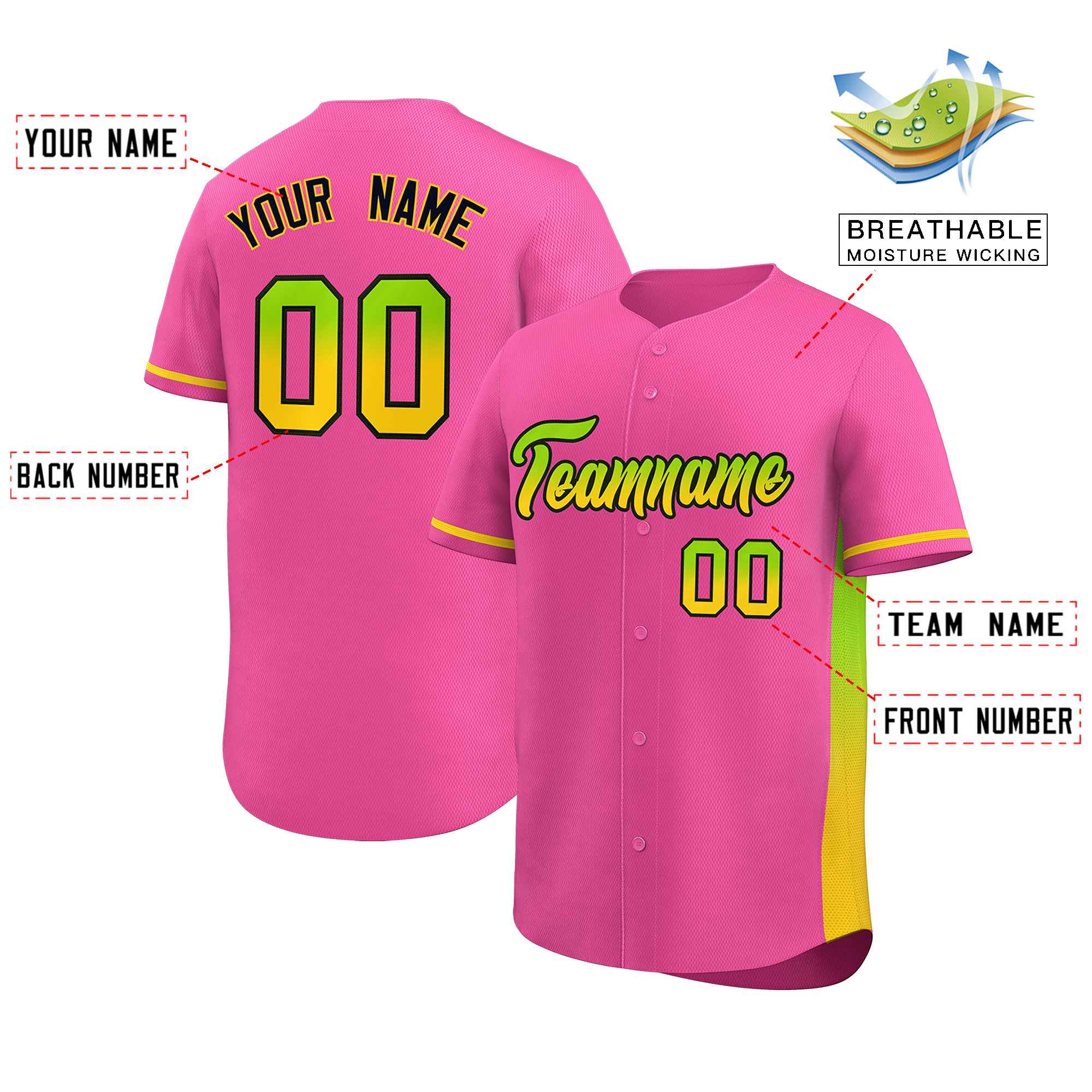 Custom Pink Neon Green-Gold Personalized Gradient Font And Side Design Authentic Baseball Jersey