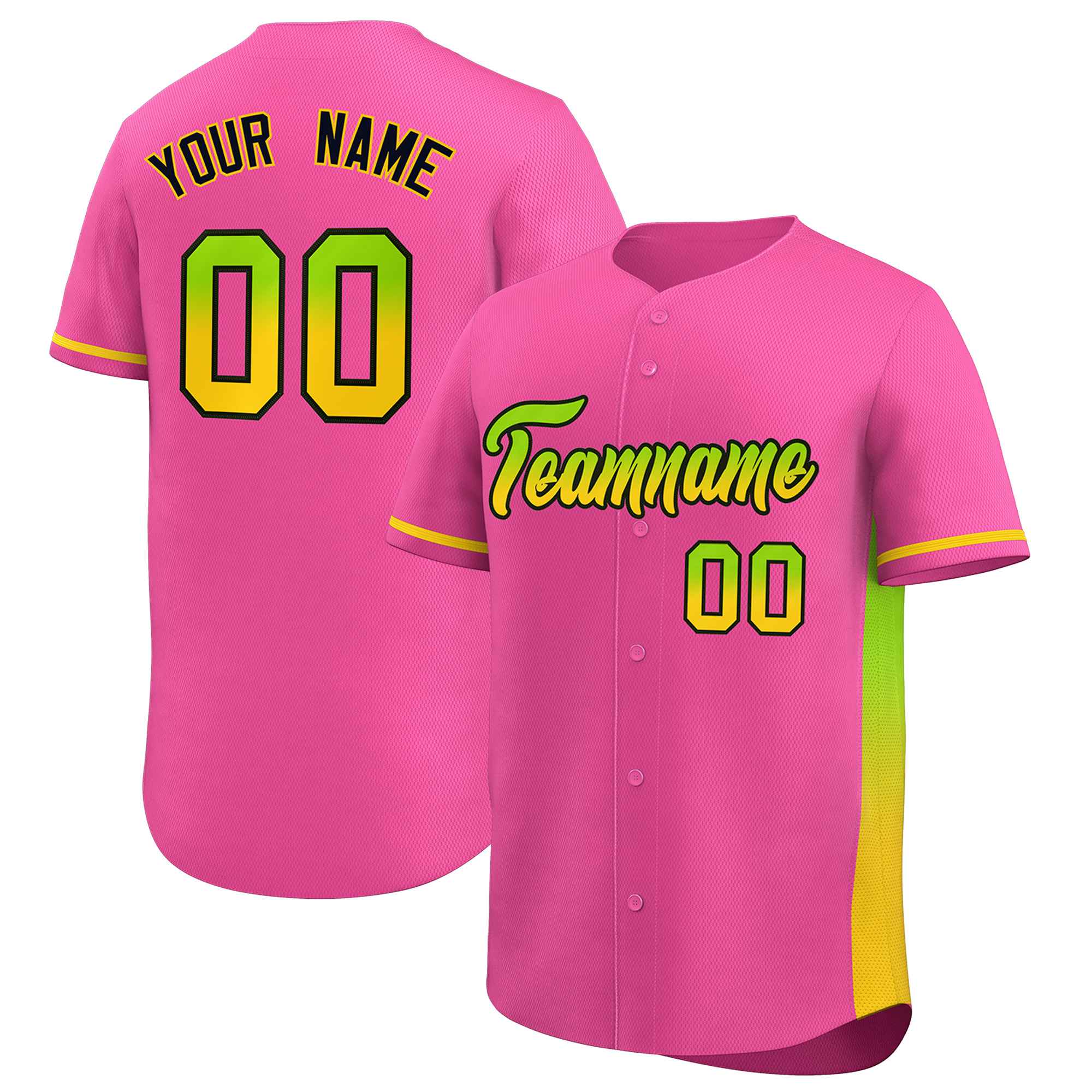 Custom Pink Neon Green-Gold Personalized Gradient Font And Side Design Authentic Baseball Jersey