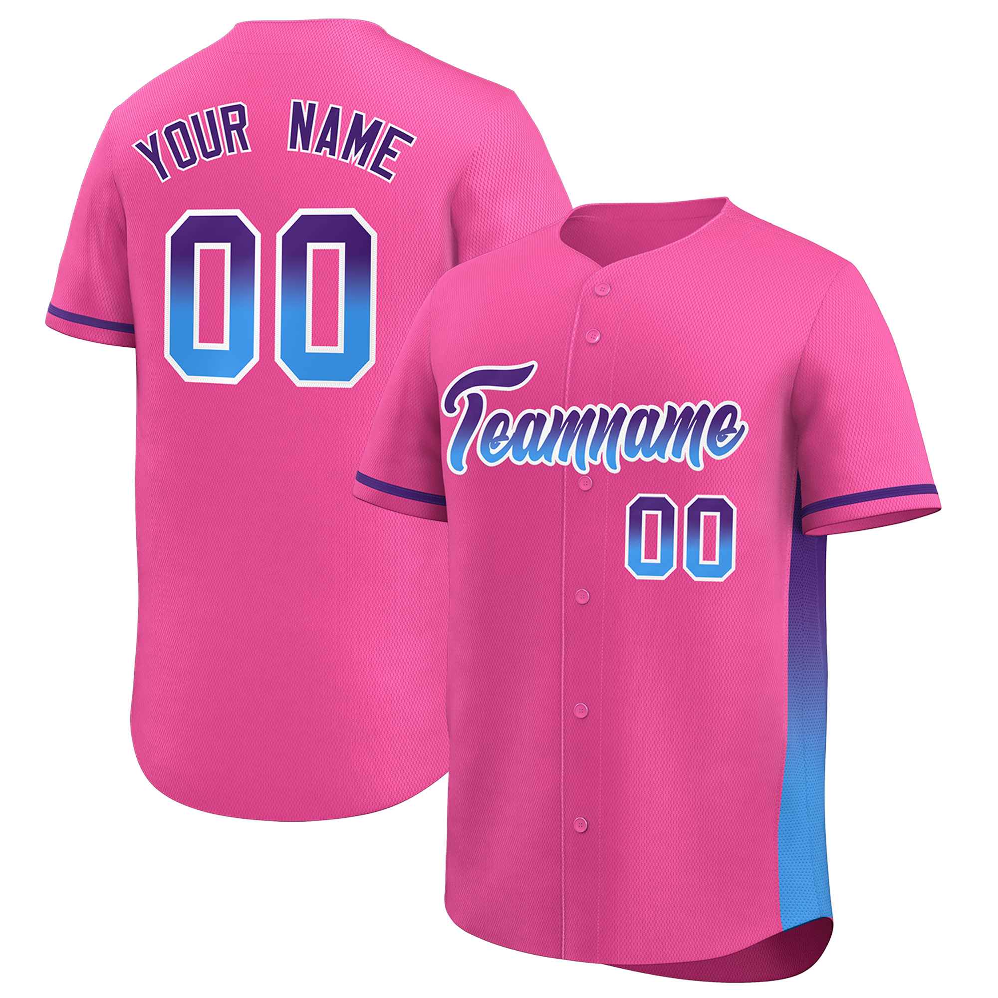 Custom Pink Purple-Powder Blue Personalized Gradient Font And Side Design Authentic Baseball Jersey