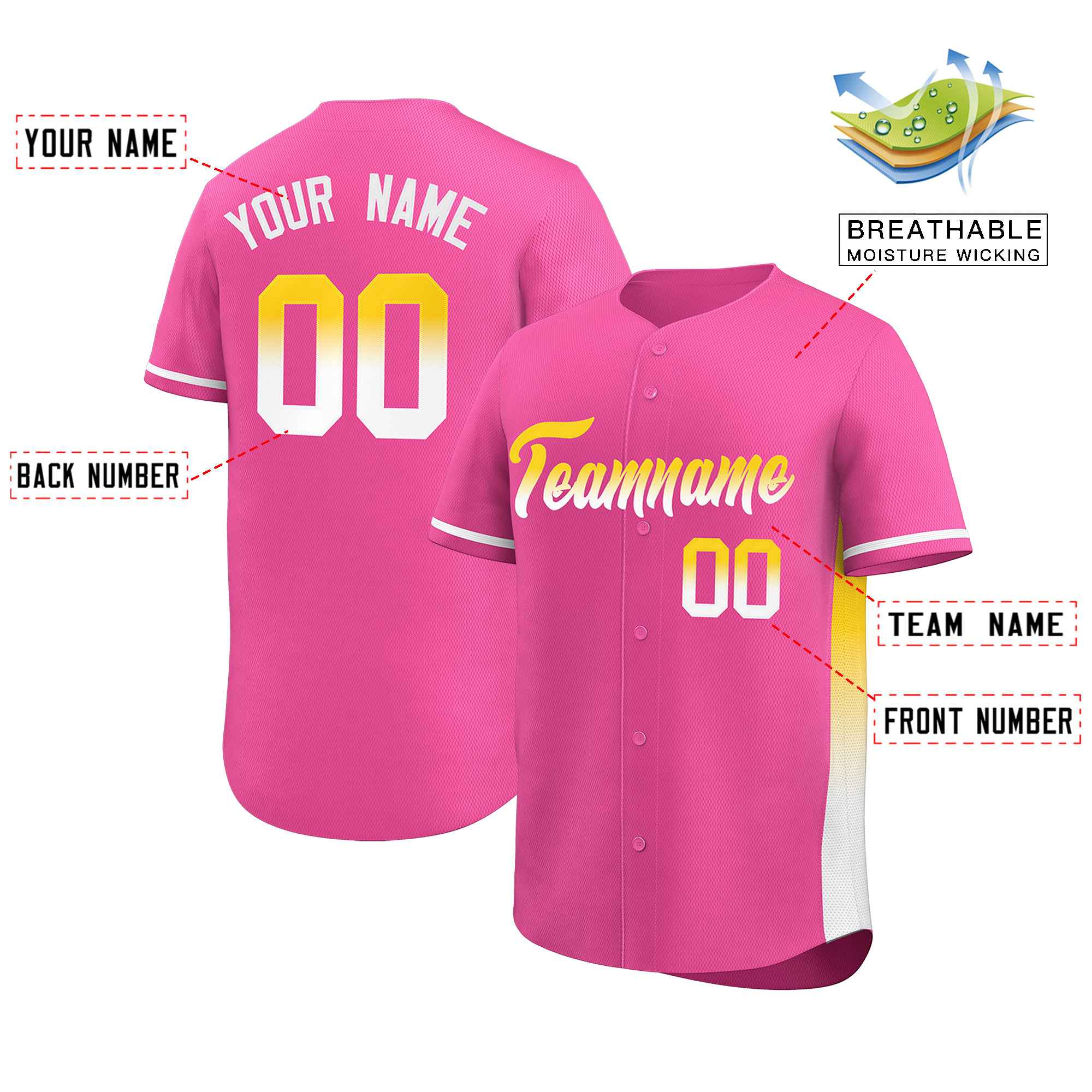 Custom Pink Gold-White Personalized Gradient Font And Side Design Authentic Baseball Jersey