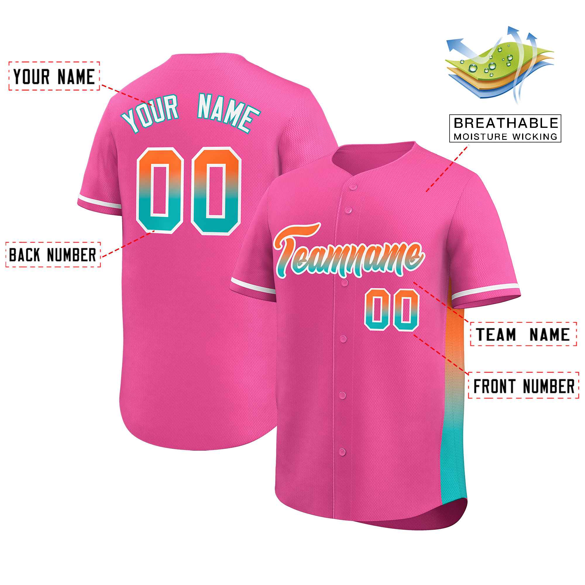 Custom Pink Orange-Aqua Personalized Gradient Font And Side Design Authentic Baseball Jersey