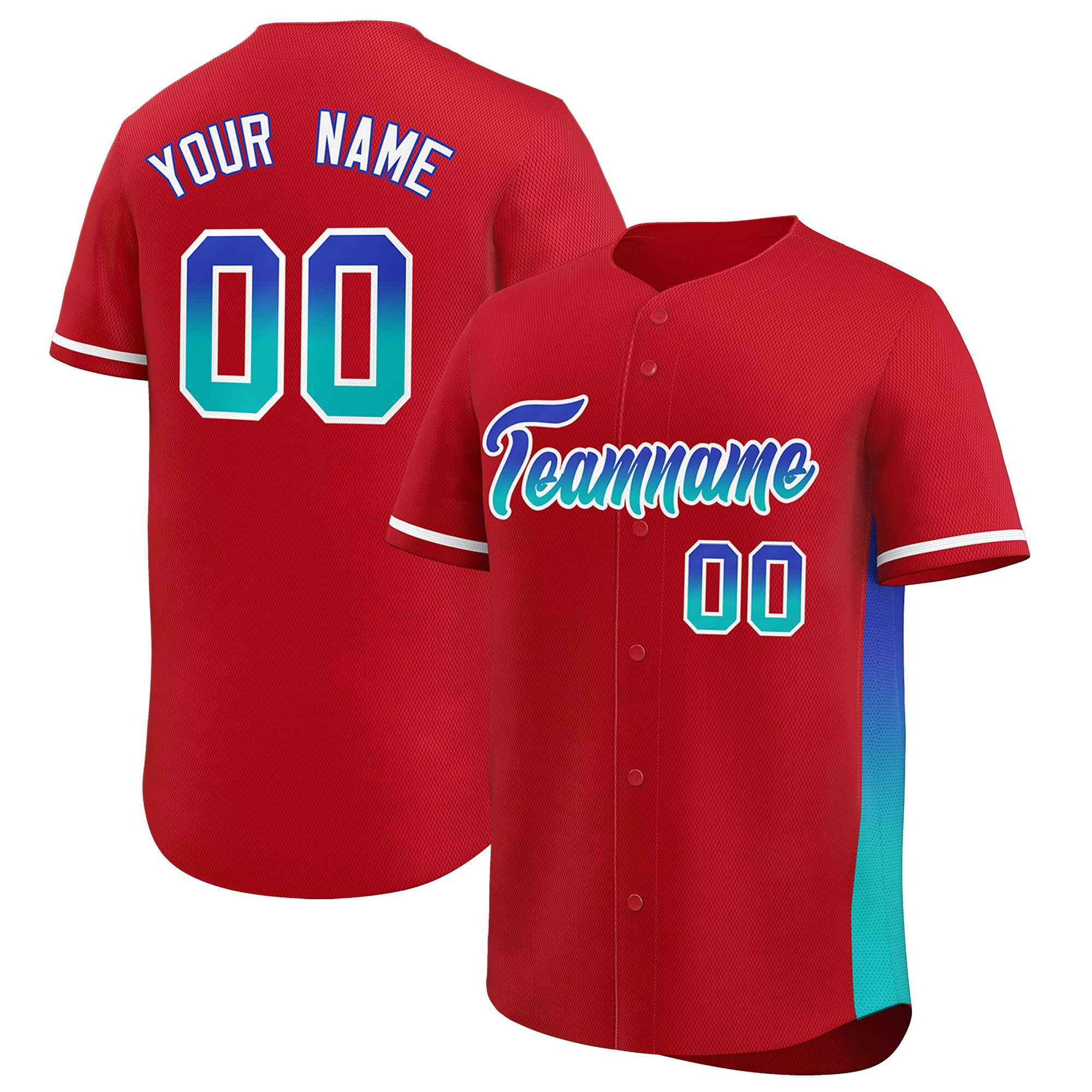 Custom Red Royal-Aqua Personalized Gradient Font And Side Design Authentic Baseball Jersey