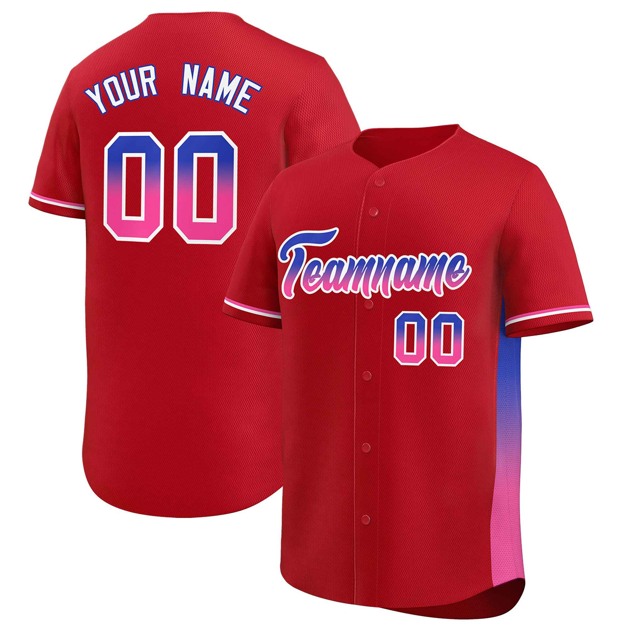 Custom Red Royal-Pink Personalized Gradient Font And Side Design Authentic Baseball Jersey