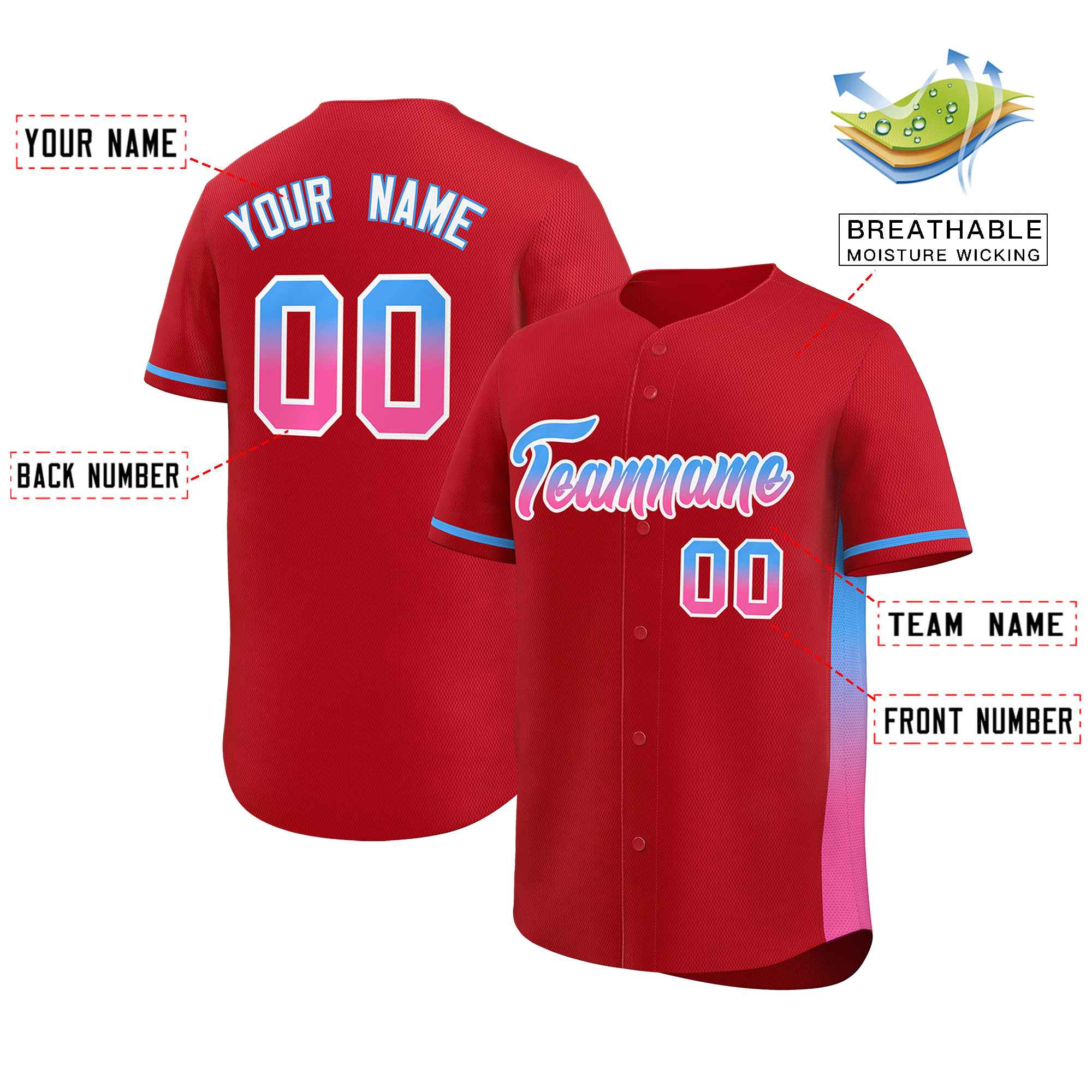 Custom Red Powder Blue-Pink Personalized Gradient Font And Side Design Authentic Baseball Jersey