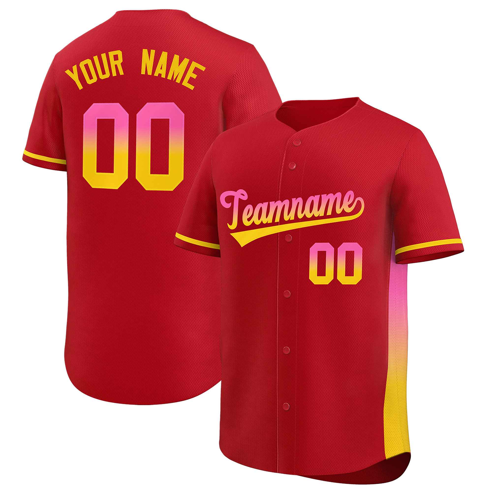 Custom Red Pink-Gold Personalized Gradient Font And Side Design Authentic Baseball Jersey