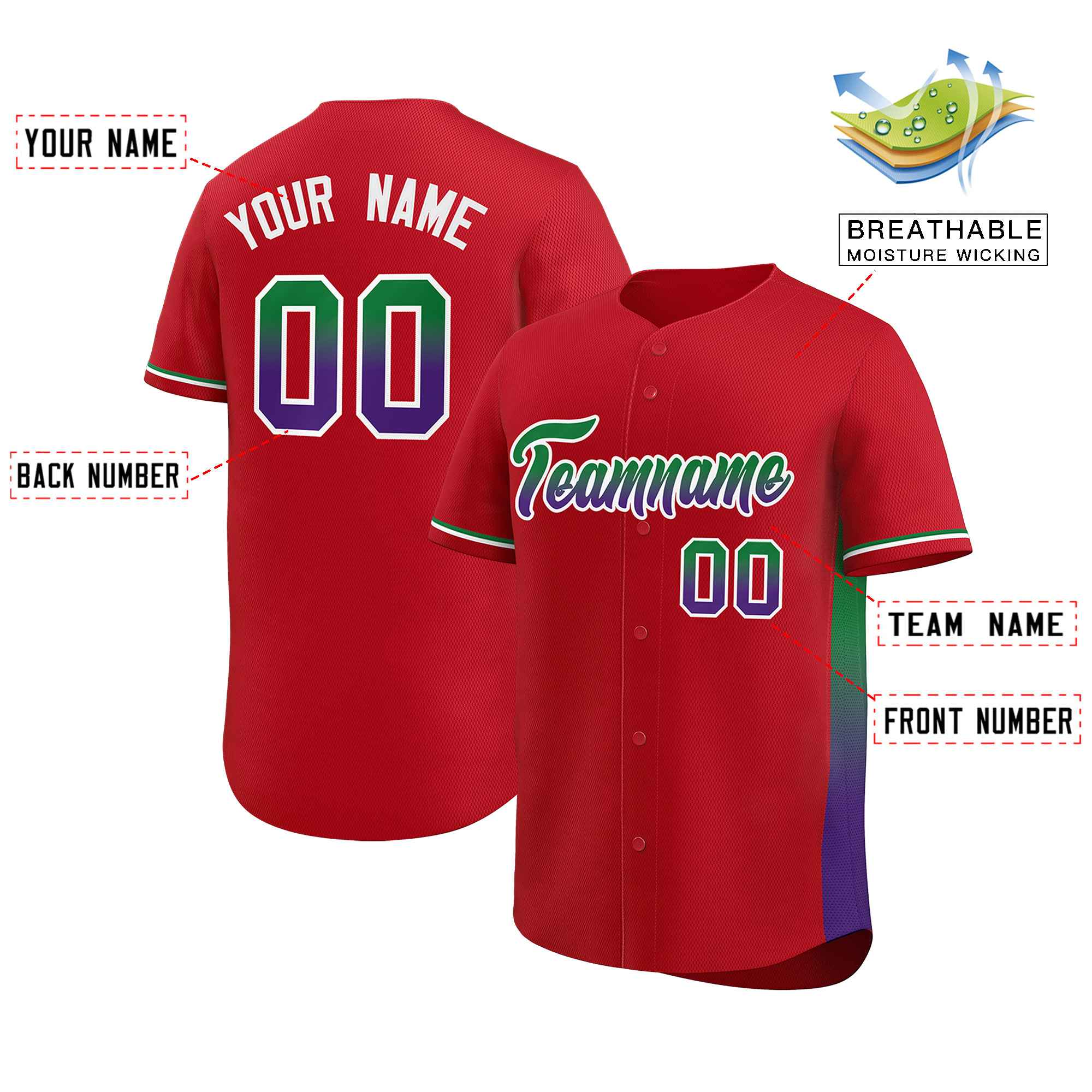 Custom Red Kelly Green-Purple Personalized Gradient Font And Side Design Authentic Baseball Jersey