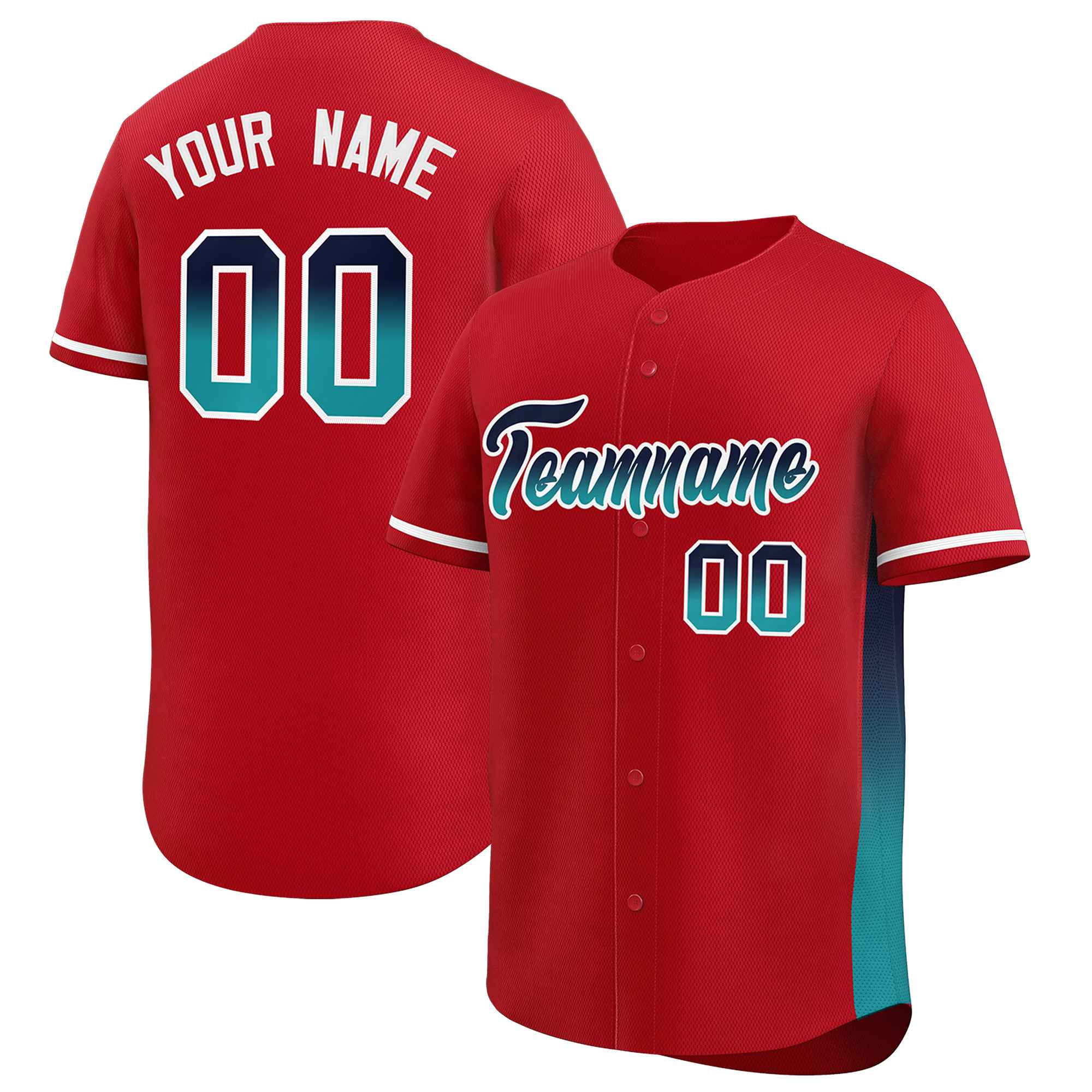 Custom Red Navy-Aqua Personalized Gradient Font And Side Design Authentic Baseball Jersey