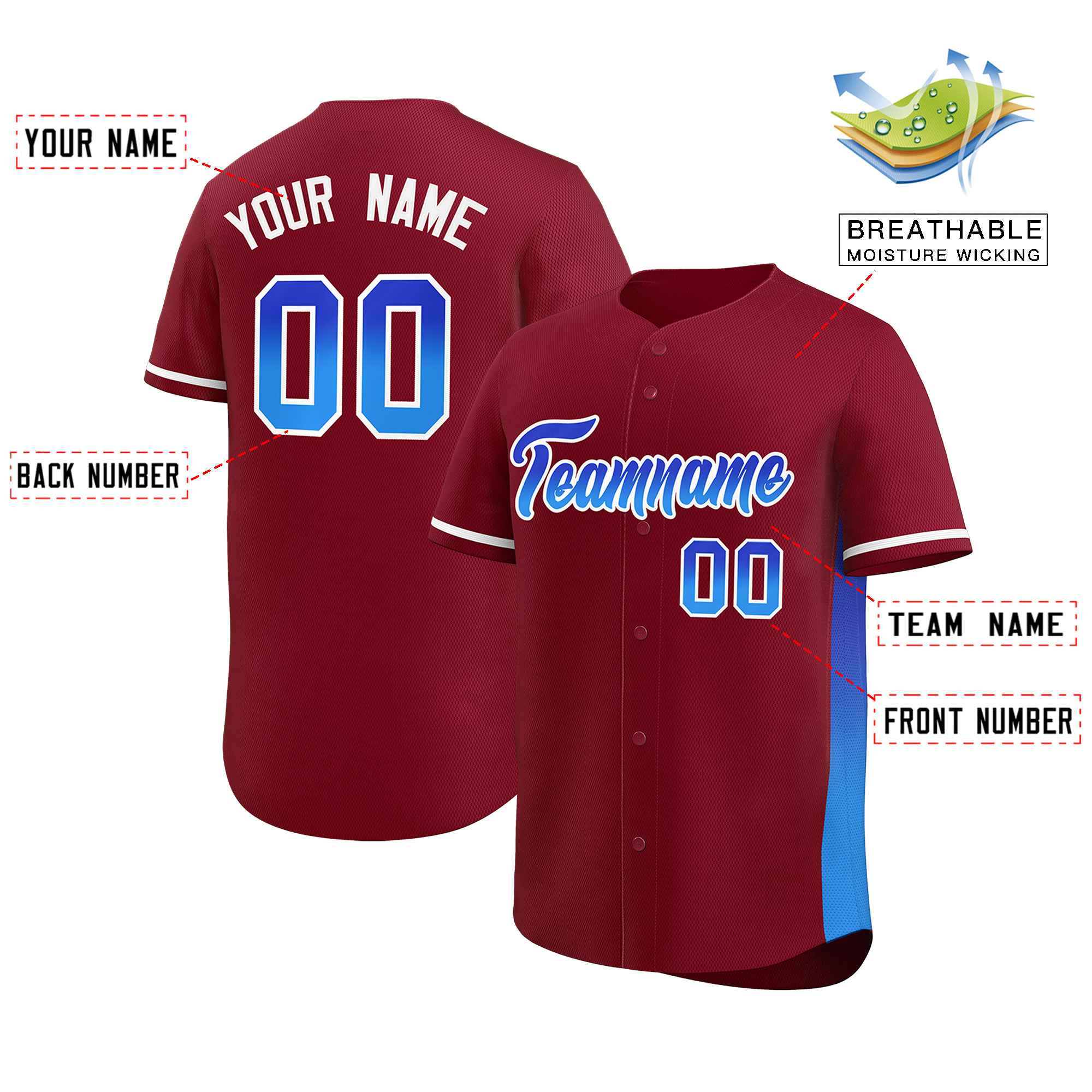 Custom Crimson Royal-Powder Blue Personalized Gradient Font And Side Design Authentic Baseball Jersey