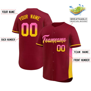 Custom Crimson Pink-Gold Personalized Gradient Font And Side Design Authentic Baseball Jersey