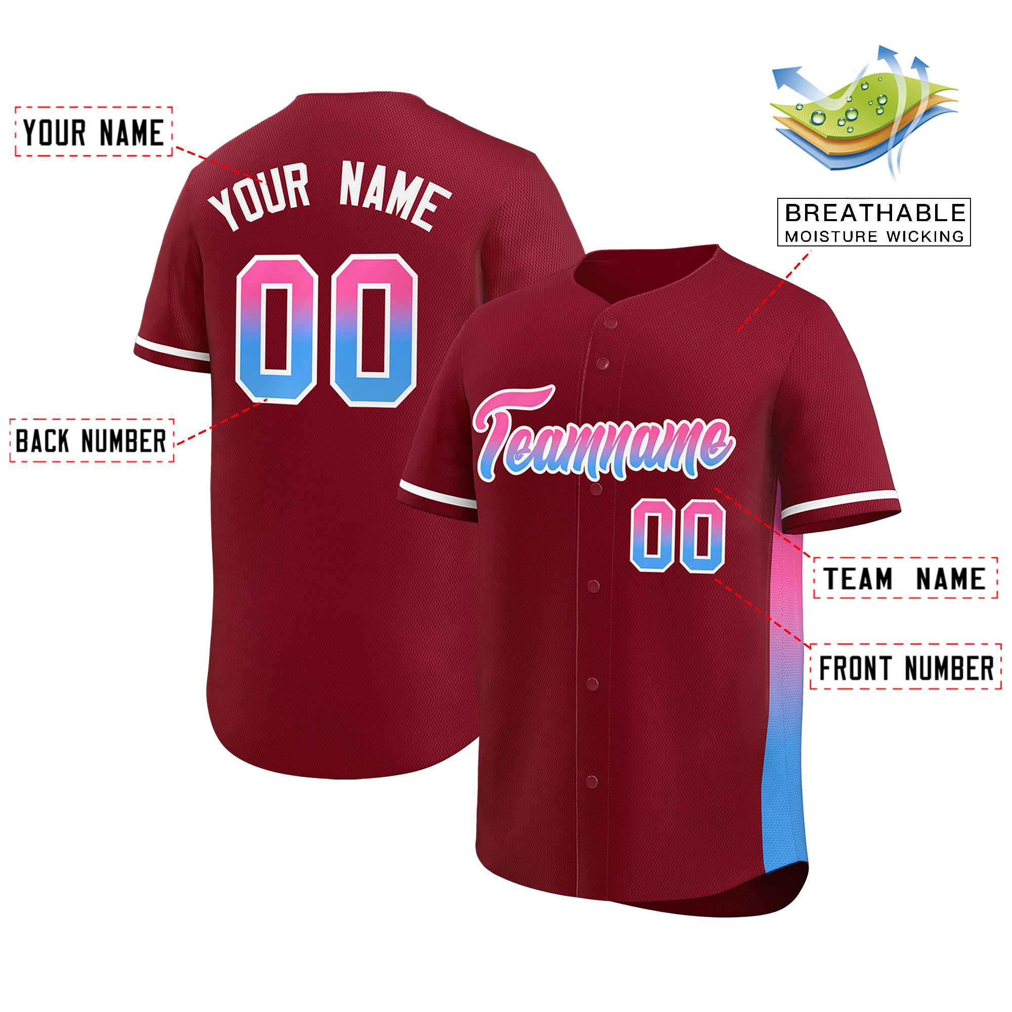 Custom Crimson Pink-Powder Blue Personalized Gradient Font And Side Design Authentic Baseball Jersey