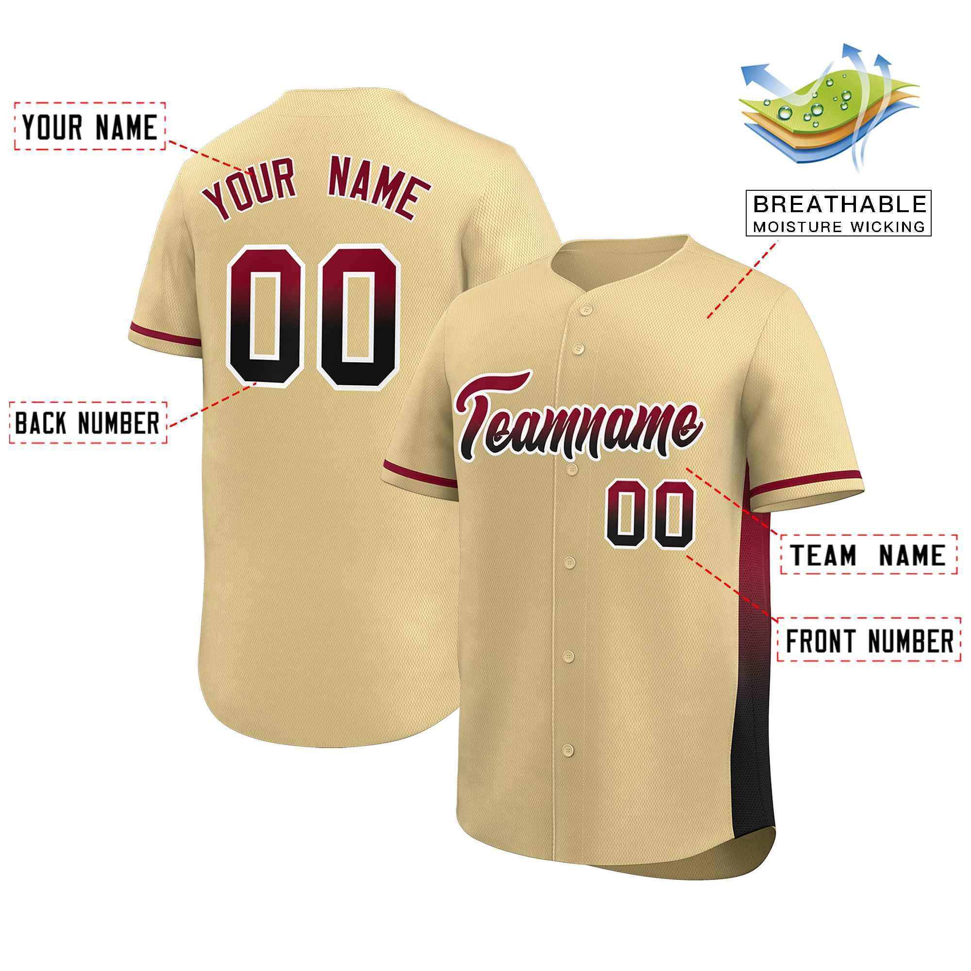 Custom Khaki Crimson-Black Personalized Gradient Font And Side Design Authentic Baseball Jersey