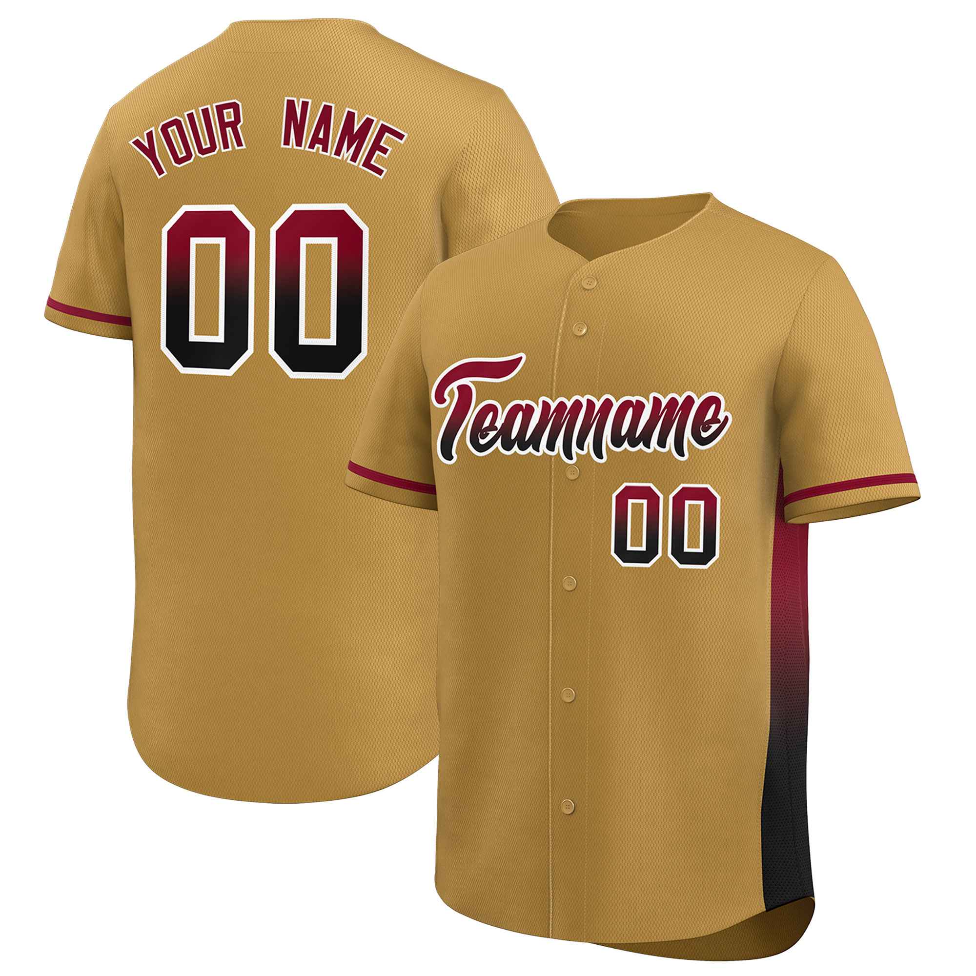 Custom Old Gold Crimson-Black Personalized Gradient Font And Side Design Authentic Baseball Jersey