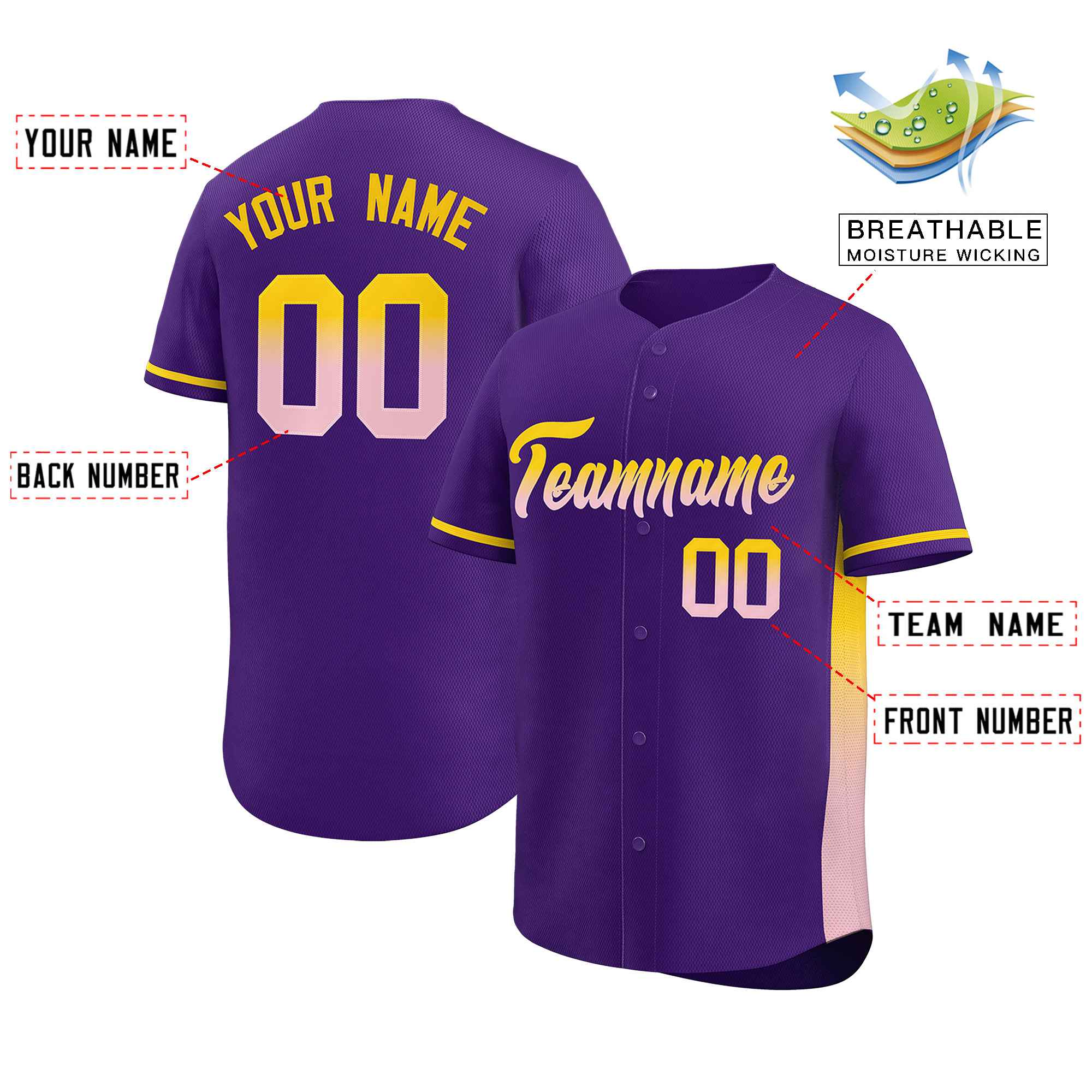 Custom Purple Gold-Lt Pink Personalized Gradient Font And Side Design Authentic Baseball Jersey