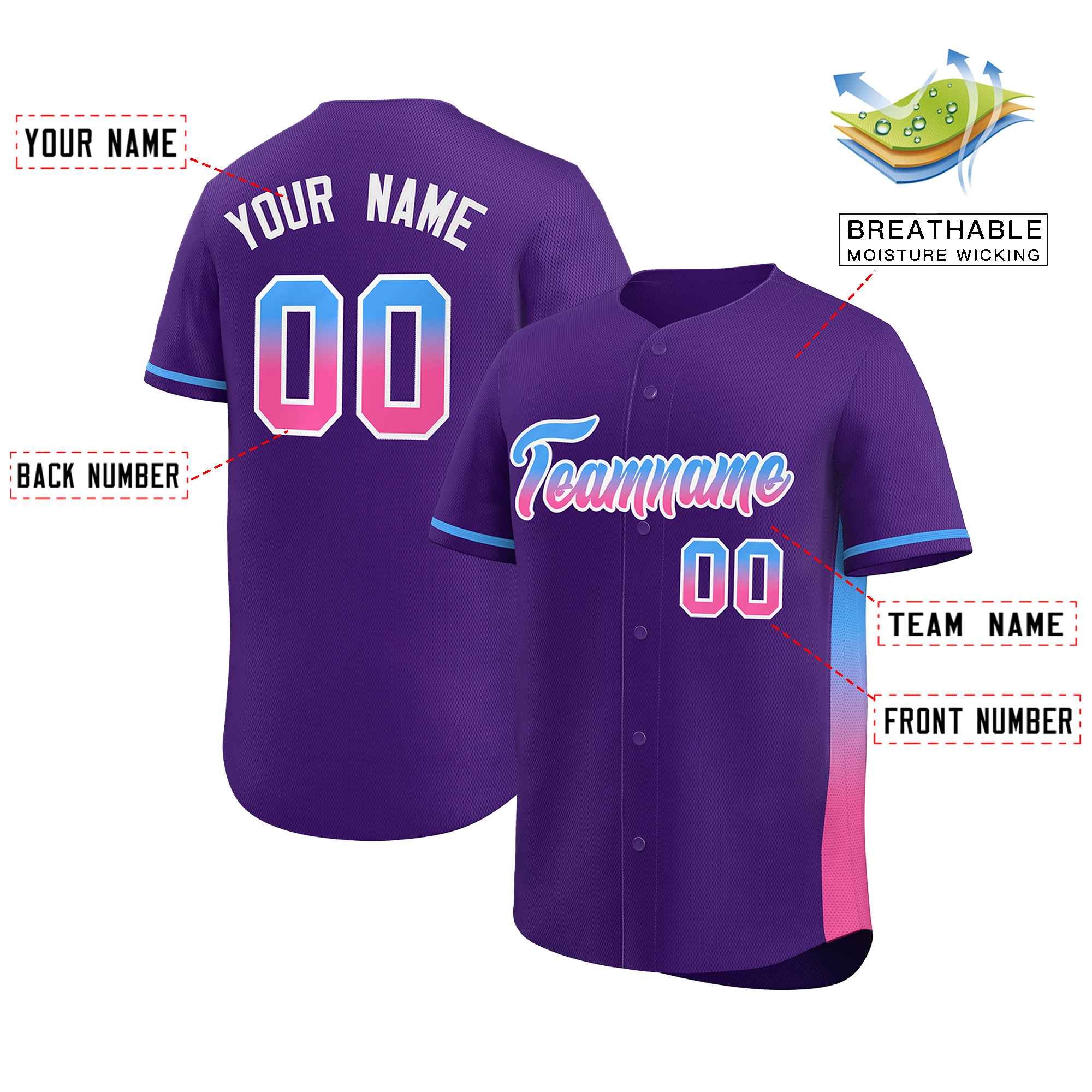 Custom Purple Powder Blue-Pink Personalized Gradient Font And Side Design Authentic Baseball Jersey