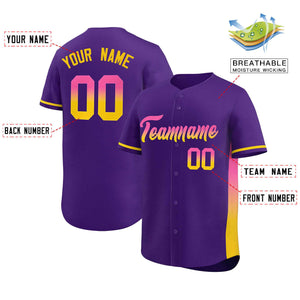 Custom Purple Pink-Gold Personalized Gradient Font And Side Design Authentic Baseball Jersey