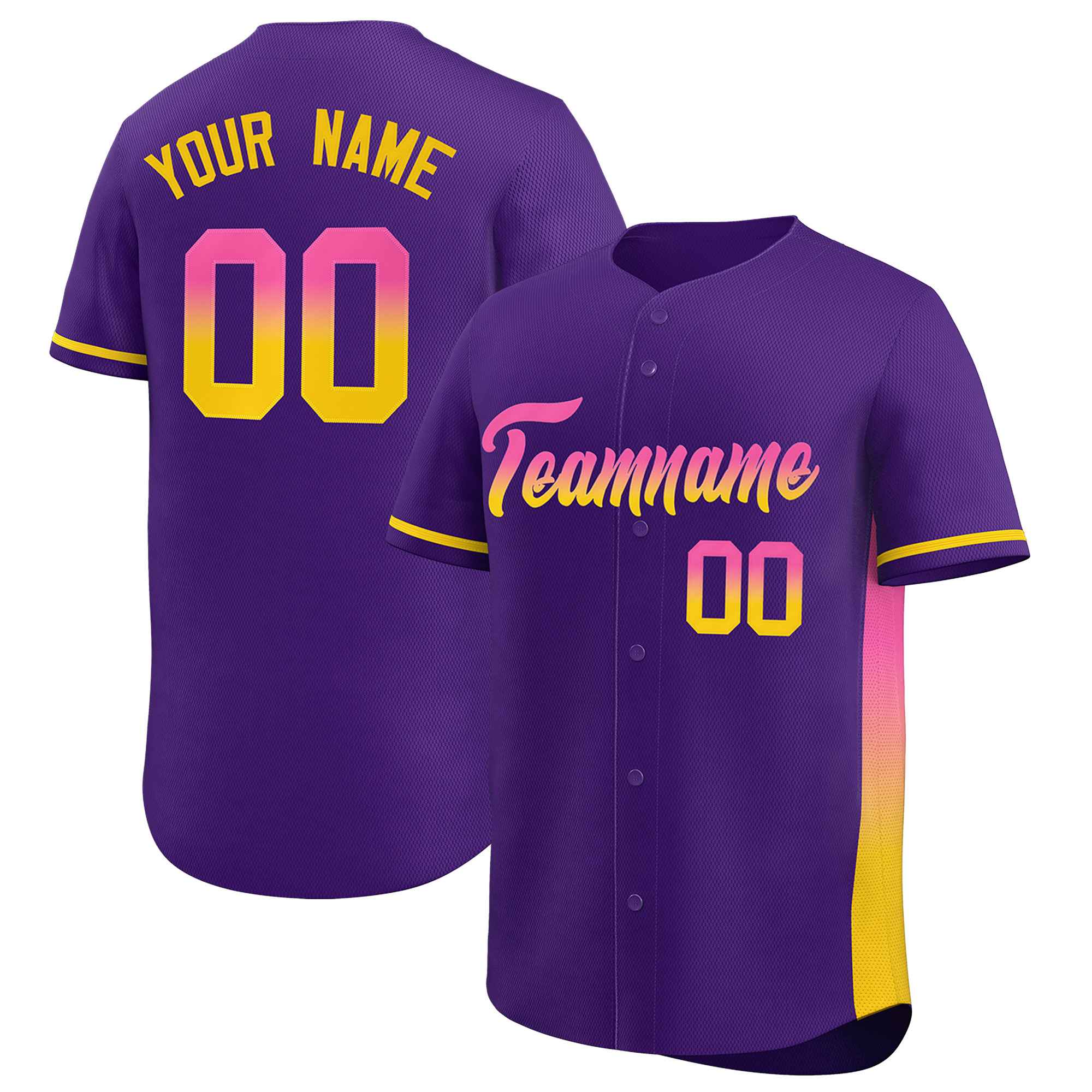 Custom Purple Pink-Gold Personalized Gradient Font And Side Design Authentic Baseball Jersey