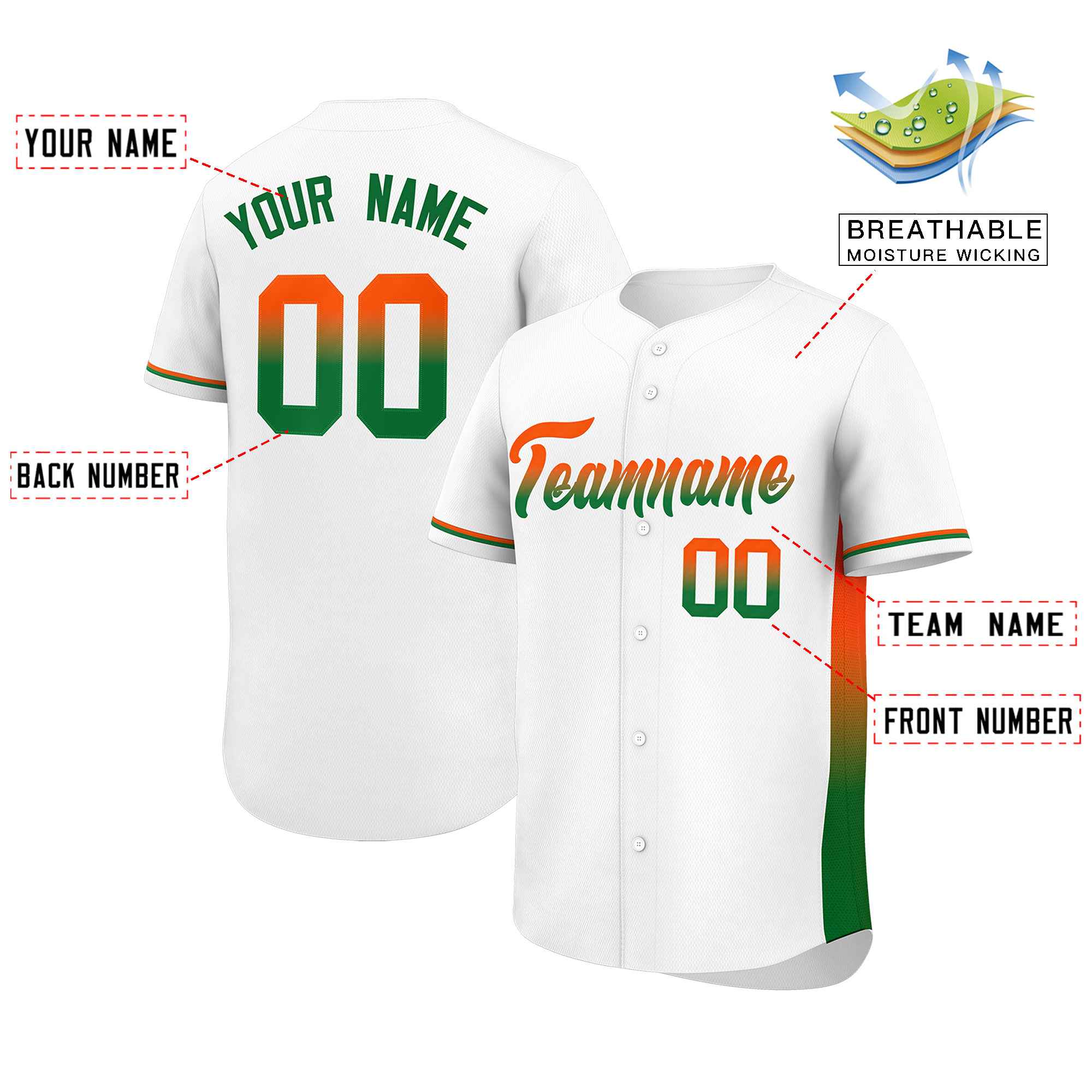 Custom White Orange-Kelly Green Personalized Gradient Font And Side Design Authentic Baseball Jersey