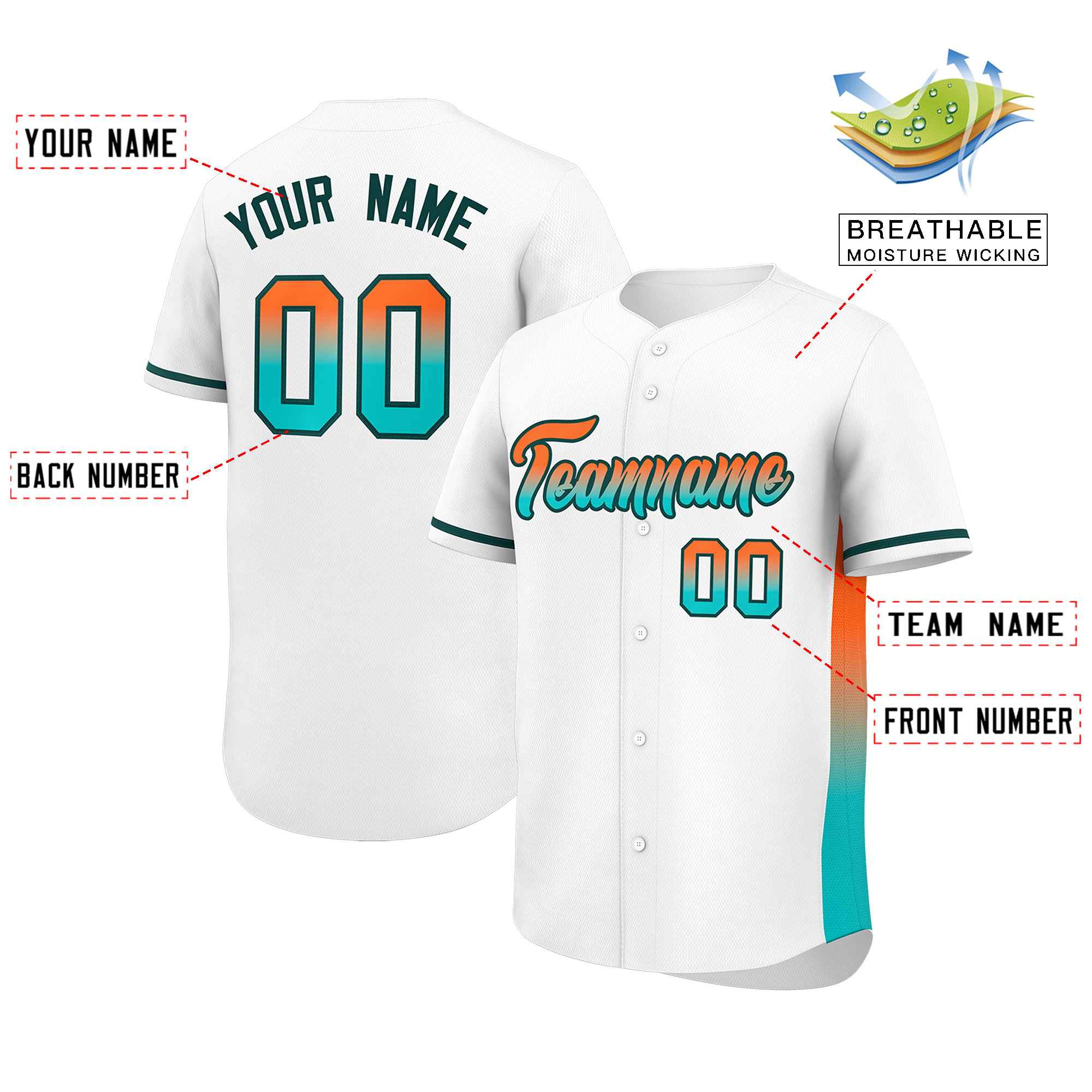 Custom White Orange-Aqua Personalized Gradient Font And Side Design Authentic Baseball Jersey