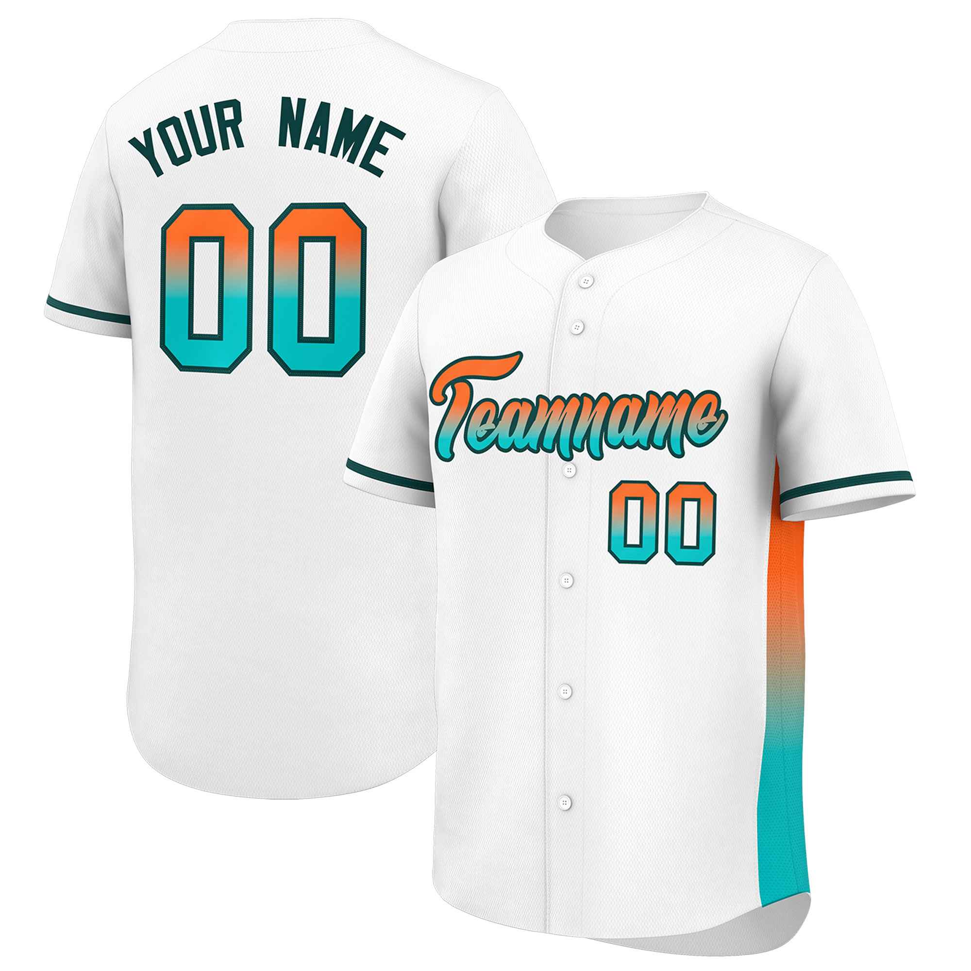 Custom White Orange-Aqua Personalized Gradient Font And Side Design Authentic Baseball Jersey