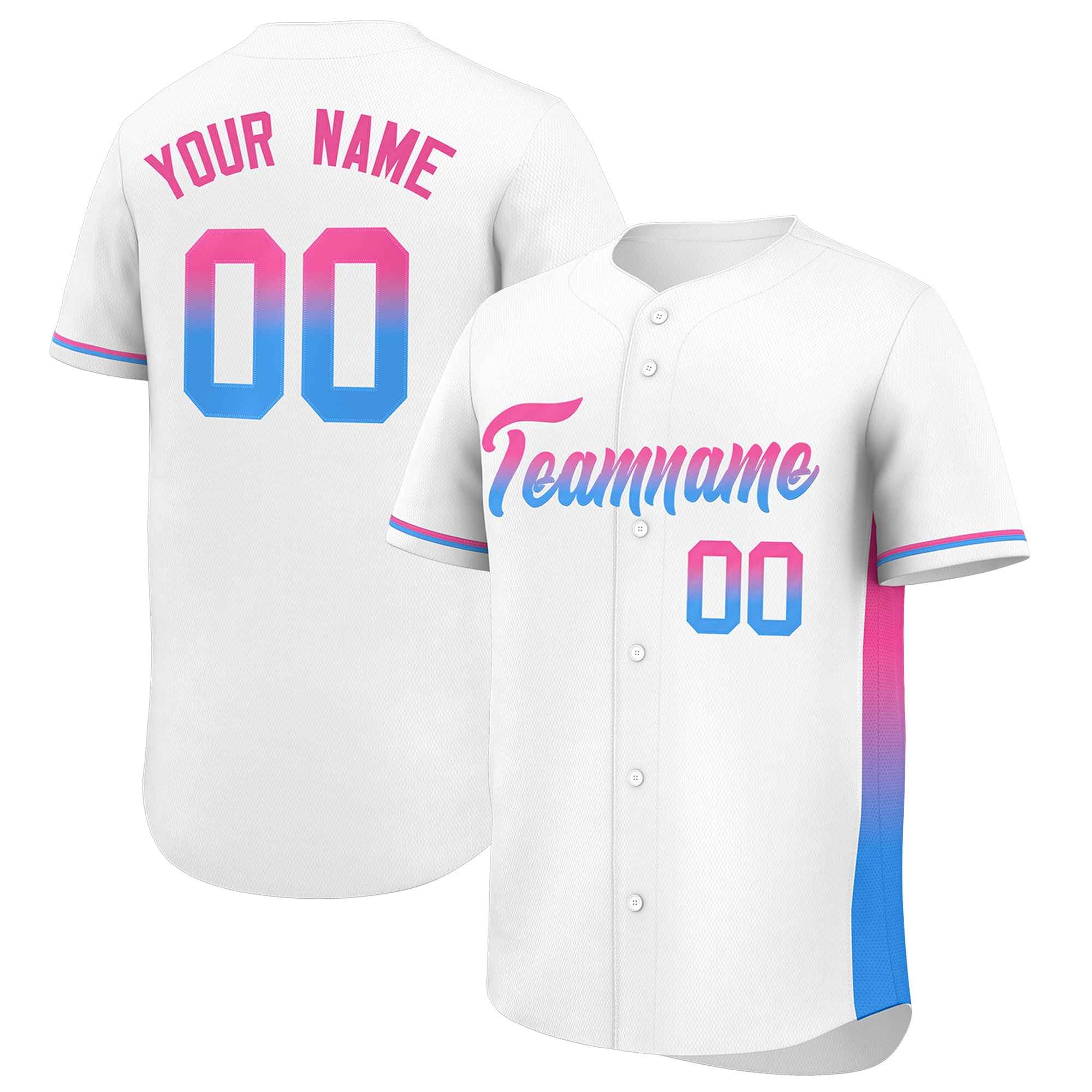 Custom White Pink-Powder Blue Personalized Gradient Font And Side Design Authentic Baseball Jersey