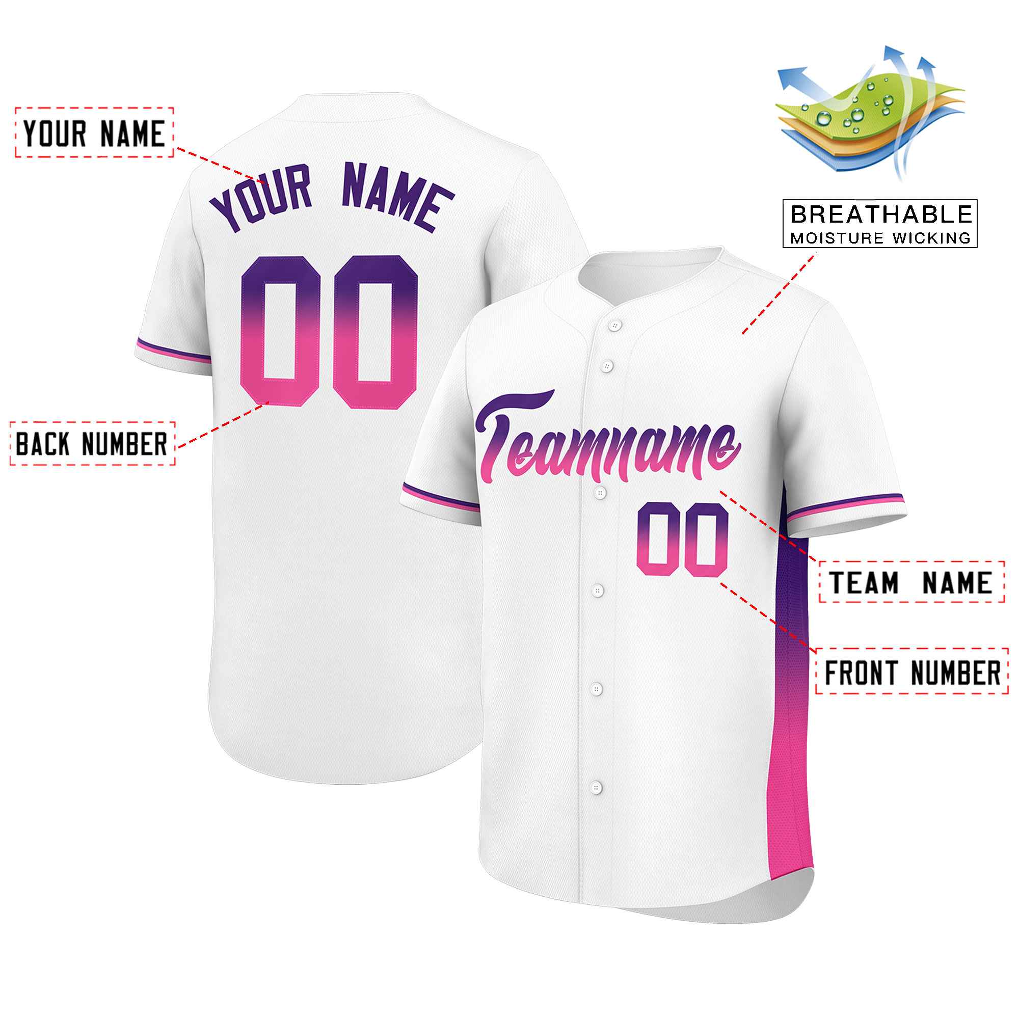 Custom White Purple-Pink Personalized Gradient Font And Side Design Authentic Baseball Jersey