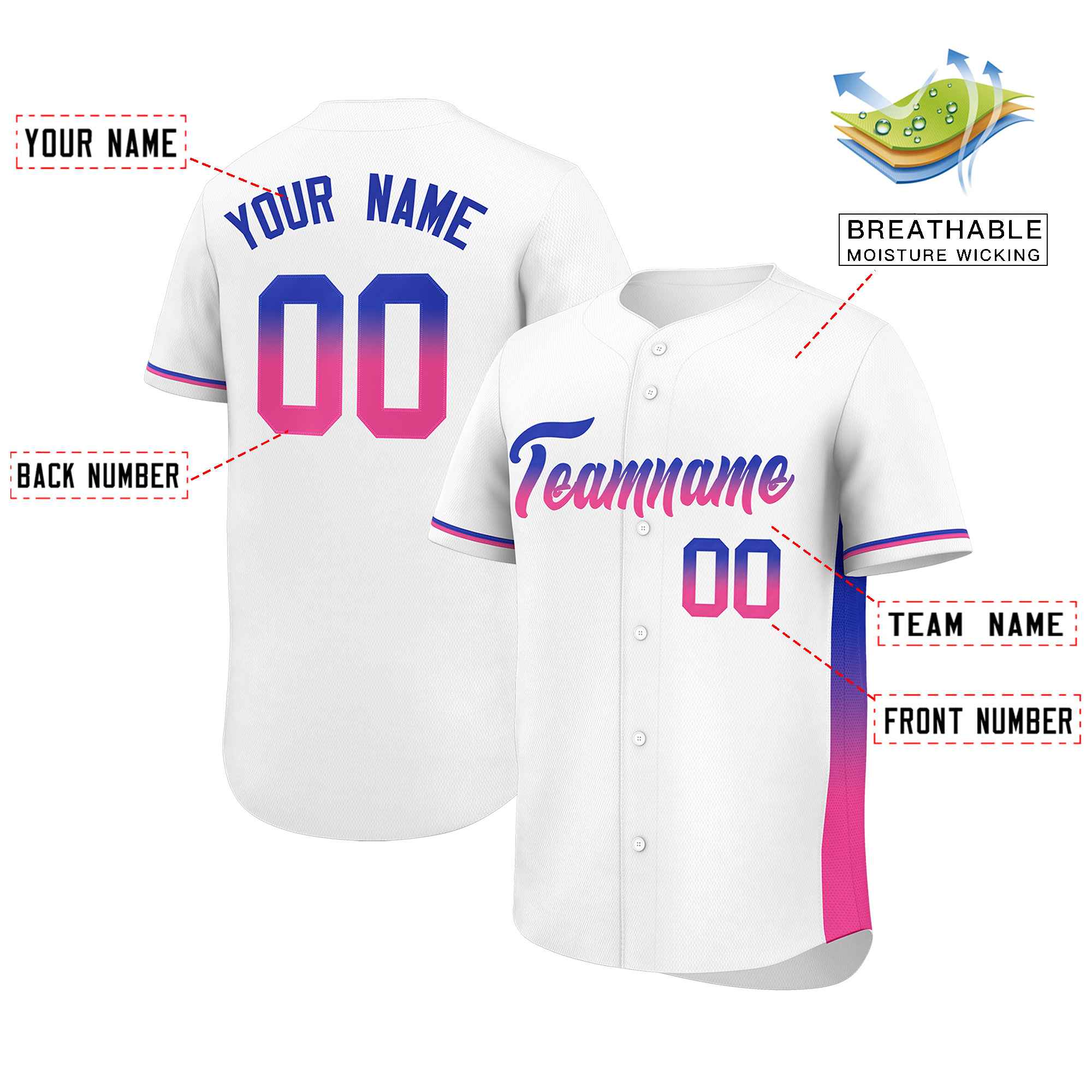 Custom White Royal-Pink Personalized Gradient Font And Side Design Authentic Baseball Jersey