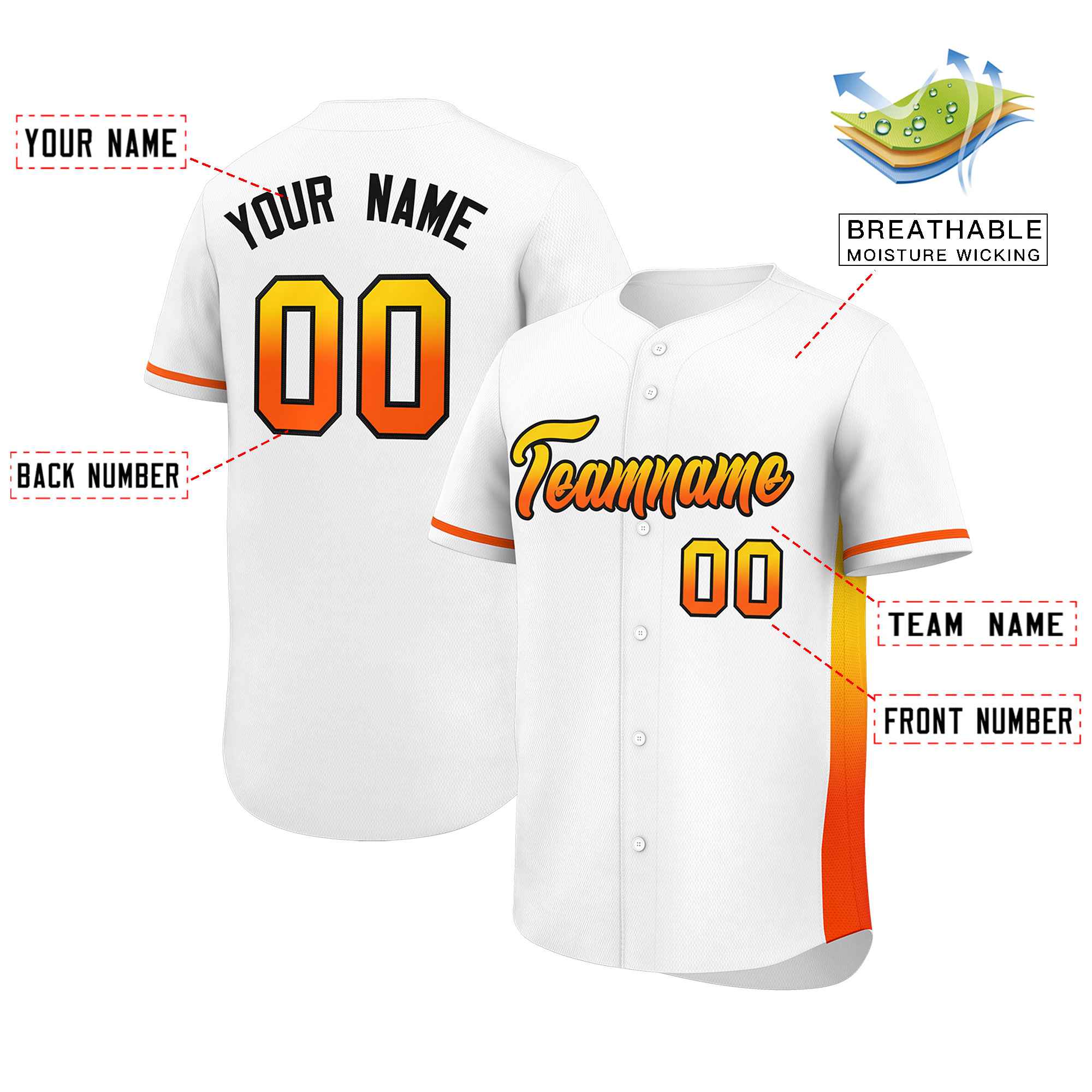 Custom White Gold-Orange Personalized Gradient Font And Side Design Authentic Baseball Jersey