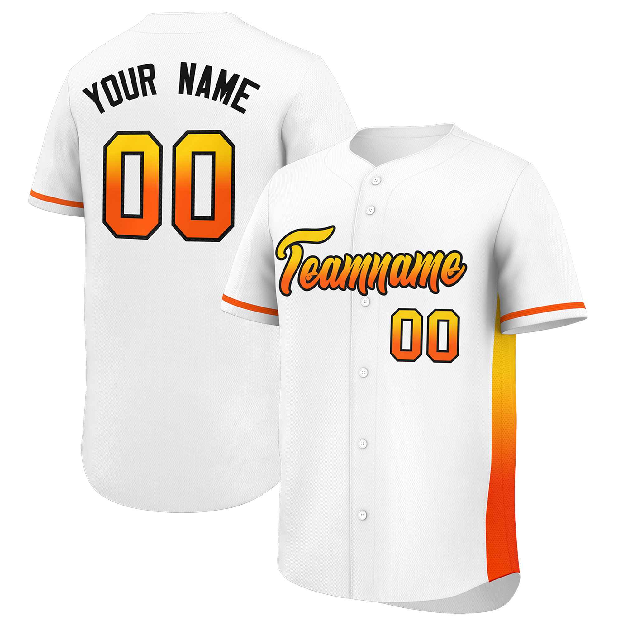 Custom White Gold-Orange Personalized Gradient Font And Side Design Authentic Baseball Jersey