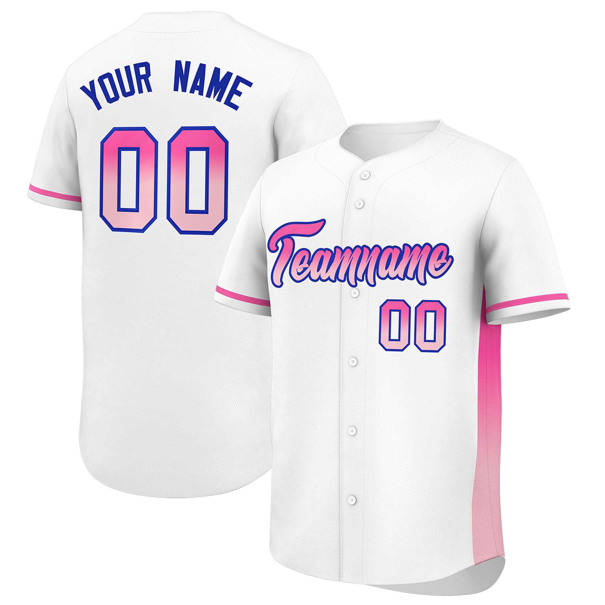 Custom White Pink-Lt Pink Personalized Gradient Font And Side Design Authentic Baseball Jersey