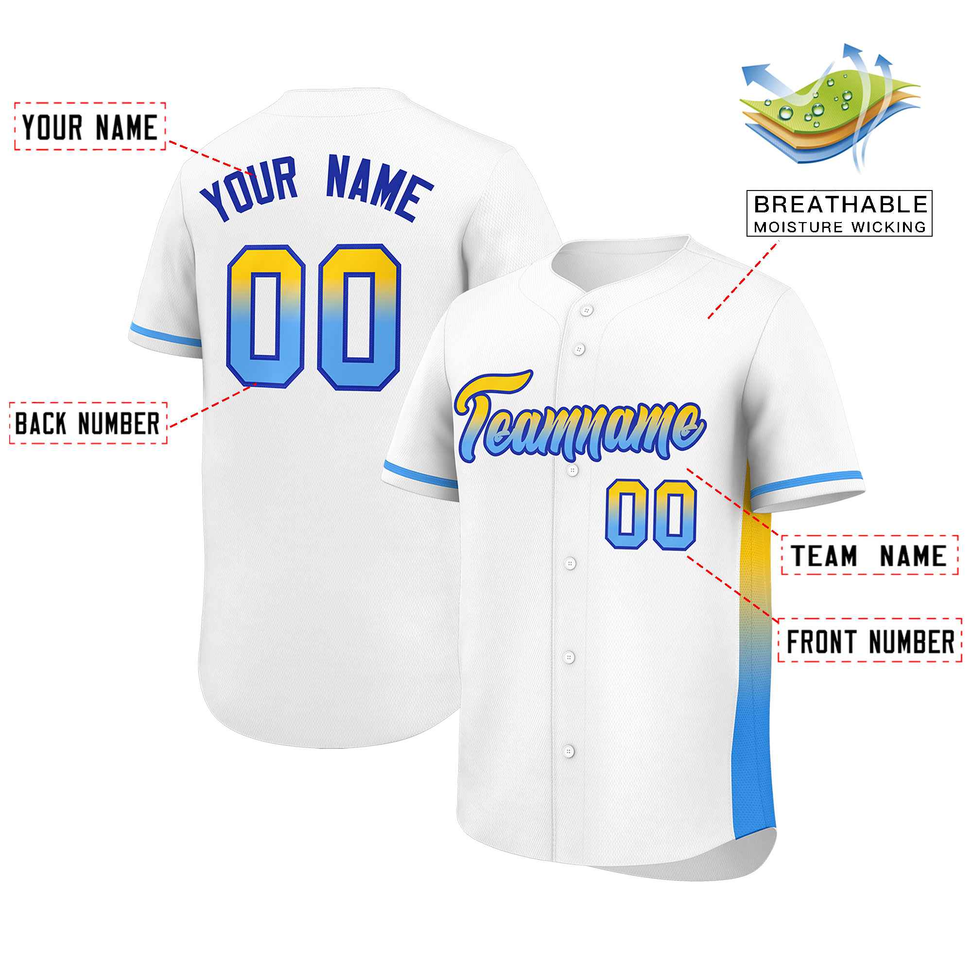 Custom White Gold-Powder Blue Personalized Gradient Font And Side Design Authentic Baseball Jersey