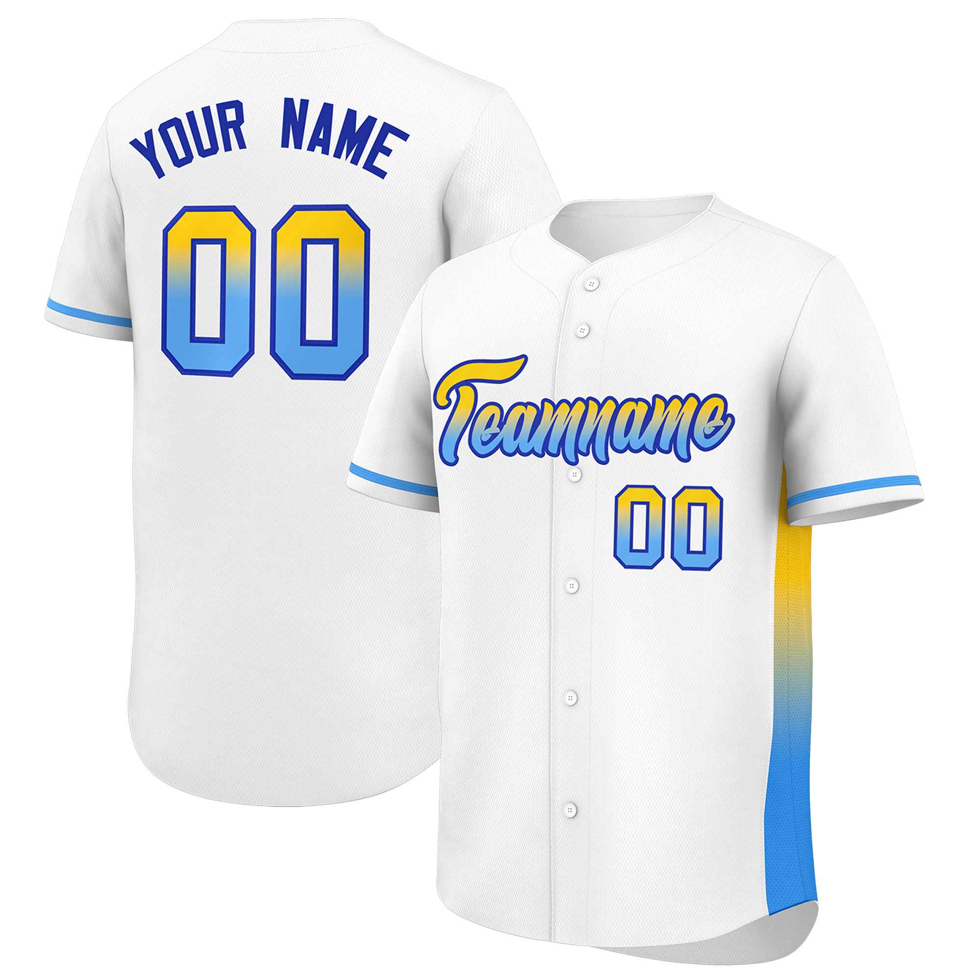 Custom White Gold-Powder Blue Personalized Gradient Font And Side Design Authentic Baseball Jersey