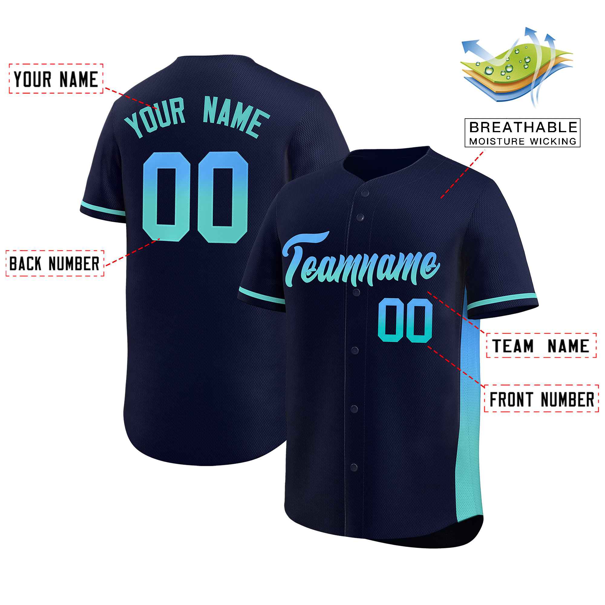 Custom Navy Powder Blue-Lt Green Personalized Gradient Font And Side Design Authentic Baseball Jersey