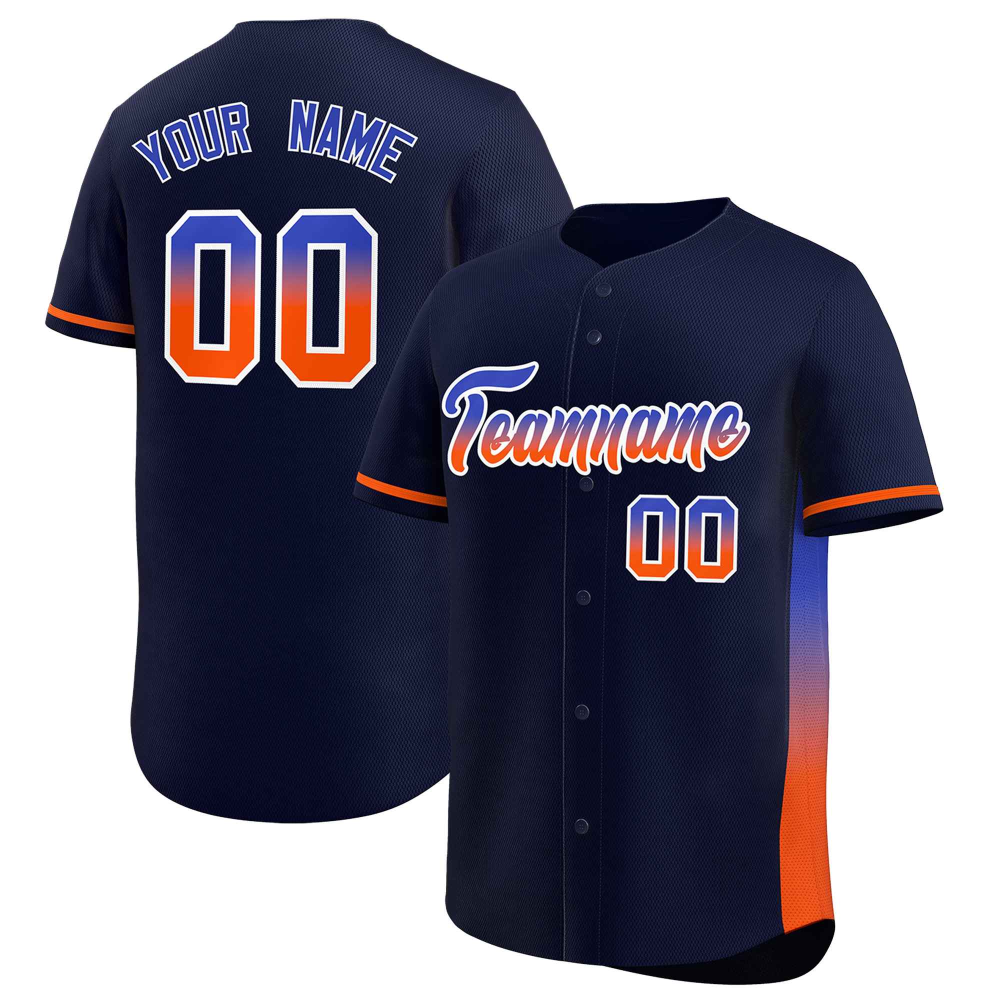 Custom Navy Royal-Orange Personalized Gradient Font And Side Design Authentic Baseball Jersey