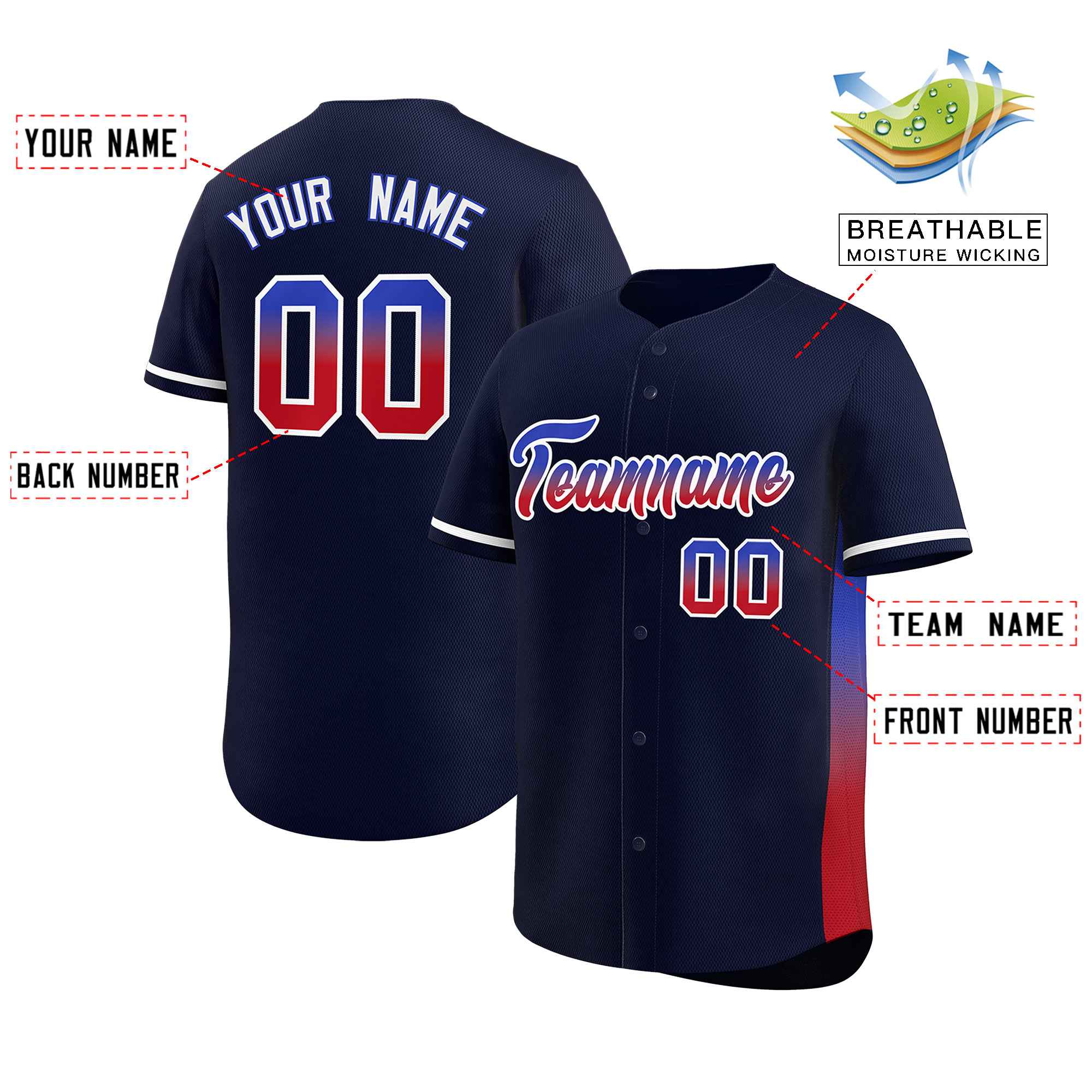 Custom Navy Royal-Red Personalized Gradient Font And Side Design Authentic Baseball Jersey