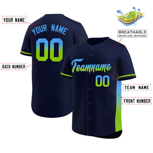 Custom Navy Powder Blue-Neon Green Personalized Gradient Font And Side Design Authentic Baseball Jersey