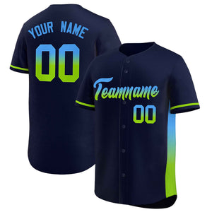 Custom Navy Powder Blue-Neon Green Personalized Gradient Font And Side Design Authentic Baseball Jersey