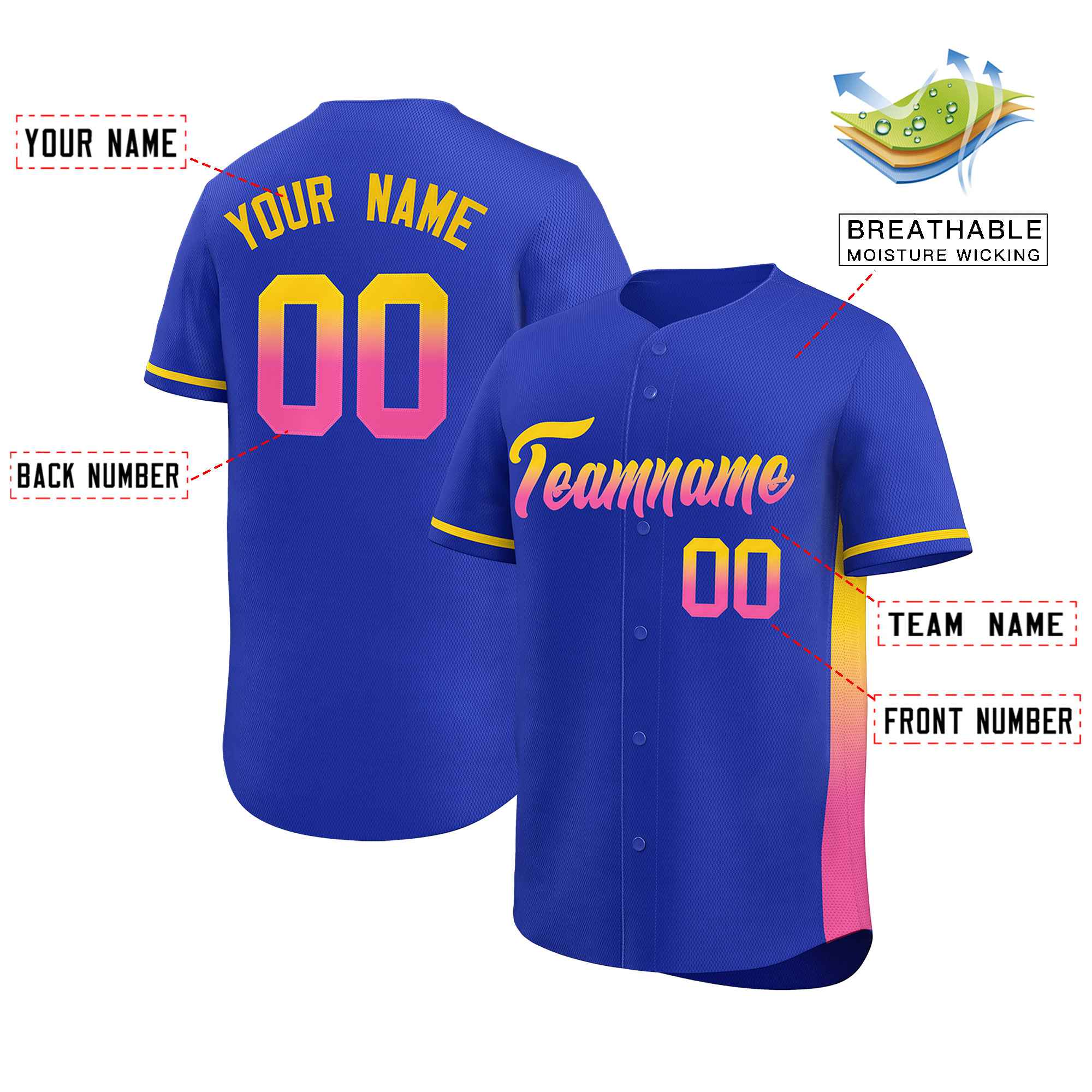 Custom Royal Gold-Pink Personalized Gradient Font And Side Design Authentic Baseball Jersey