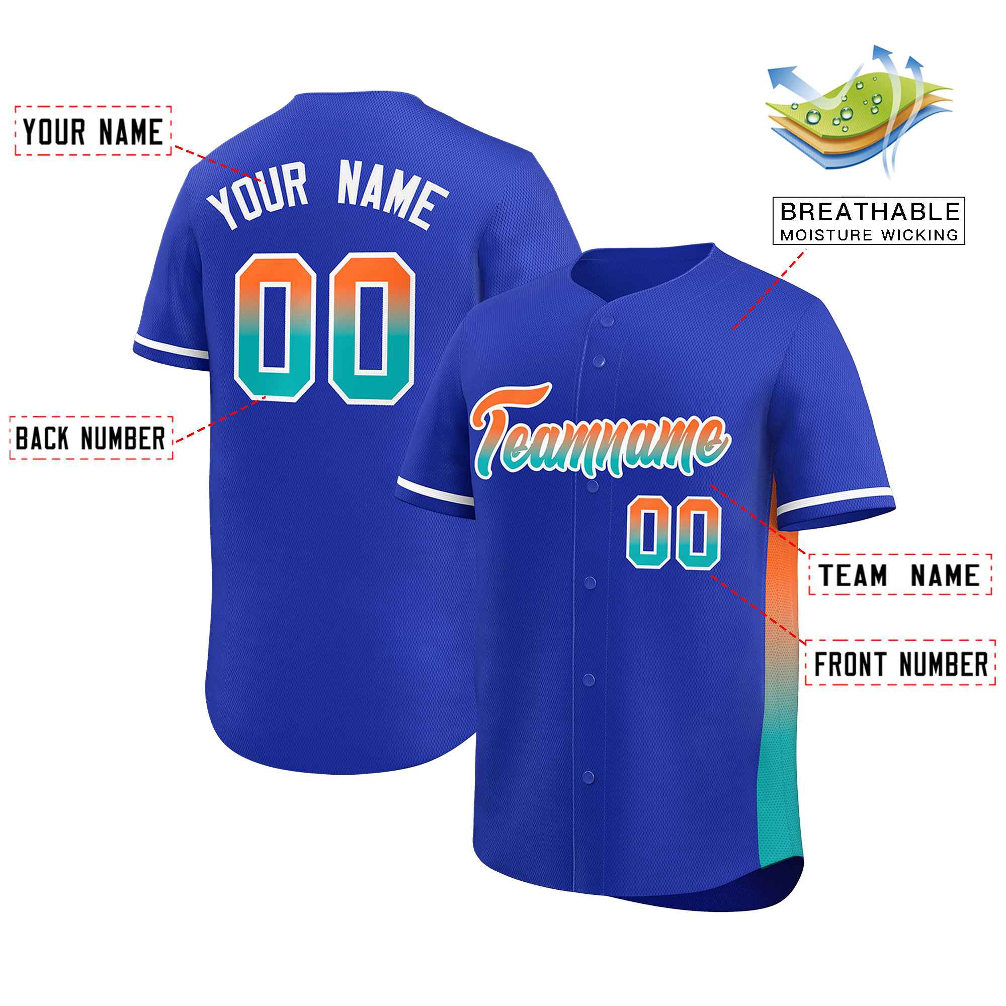 Custom Royal Orange-Aqua Personalized Gradient Font And Side Design Authentic Baseball Jersey