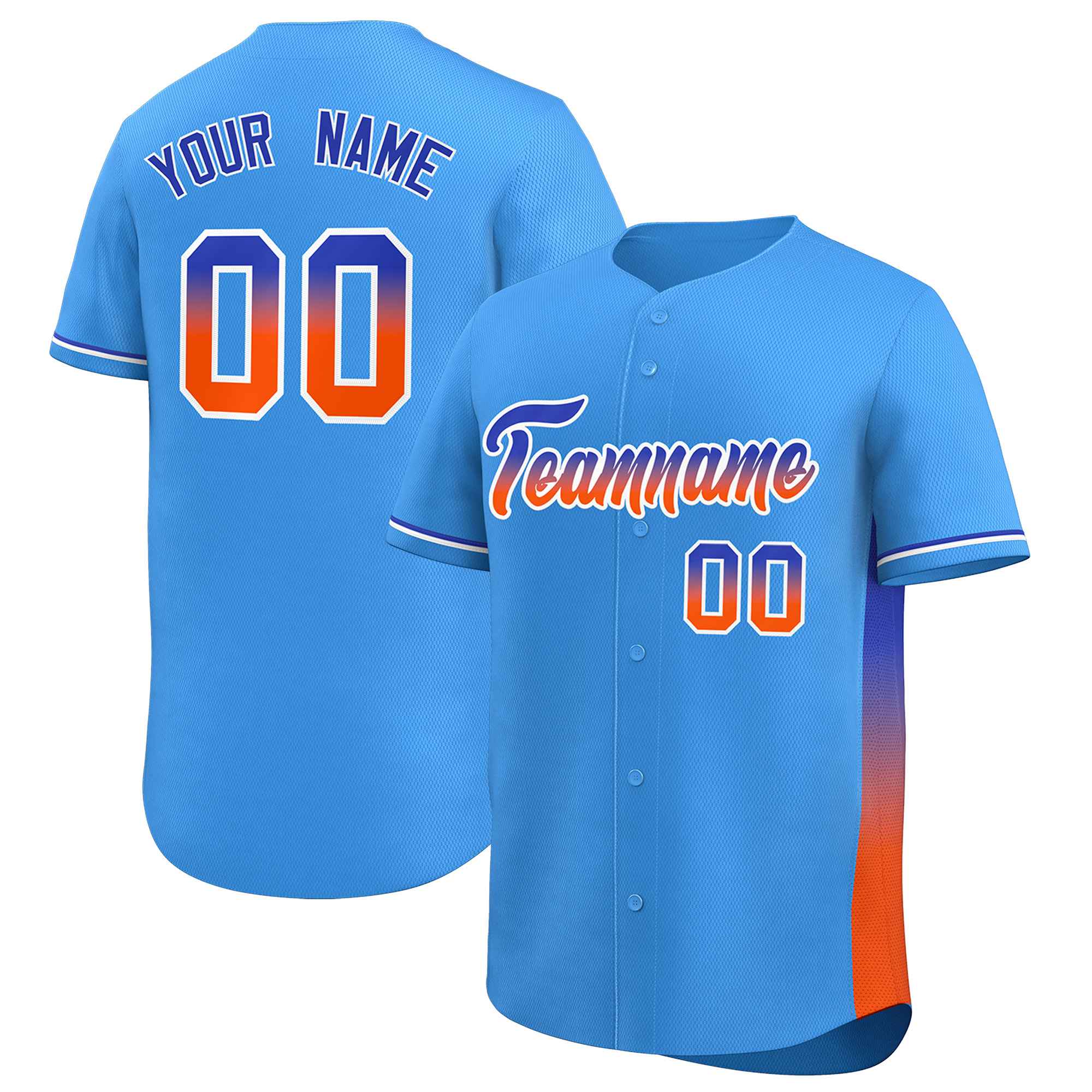 Custom Powder Blue Royal-Orange Personalized Gradient Font And Side Design Authentic Baseball Jersey