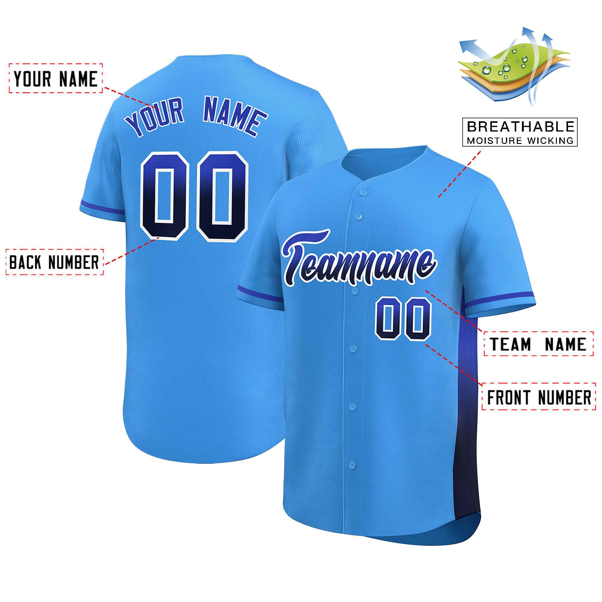 Custom Powder Blue Royal-Navy Personalized Gradient Font And Side Design Authentic Baseball Jersey