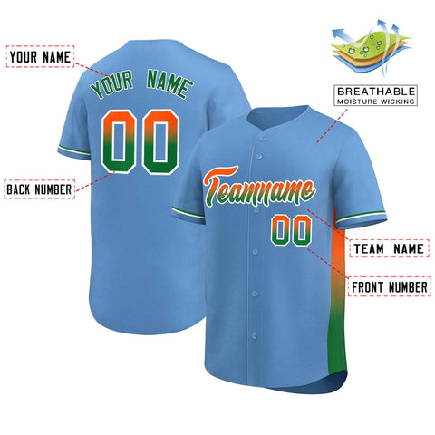 Custom Light Blue Orange-Kelly Green Personalized Gradient Font And Side Design Authentic Baseball Jersey