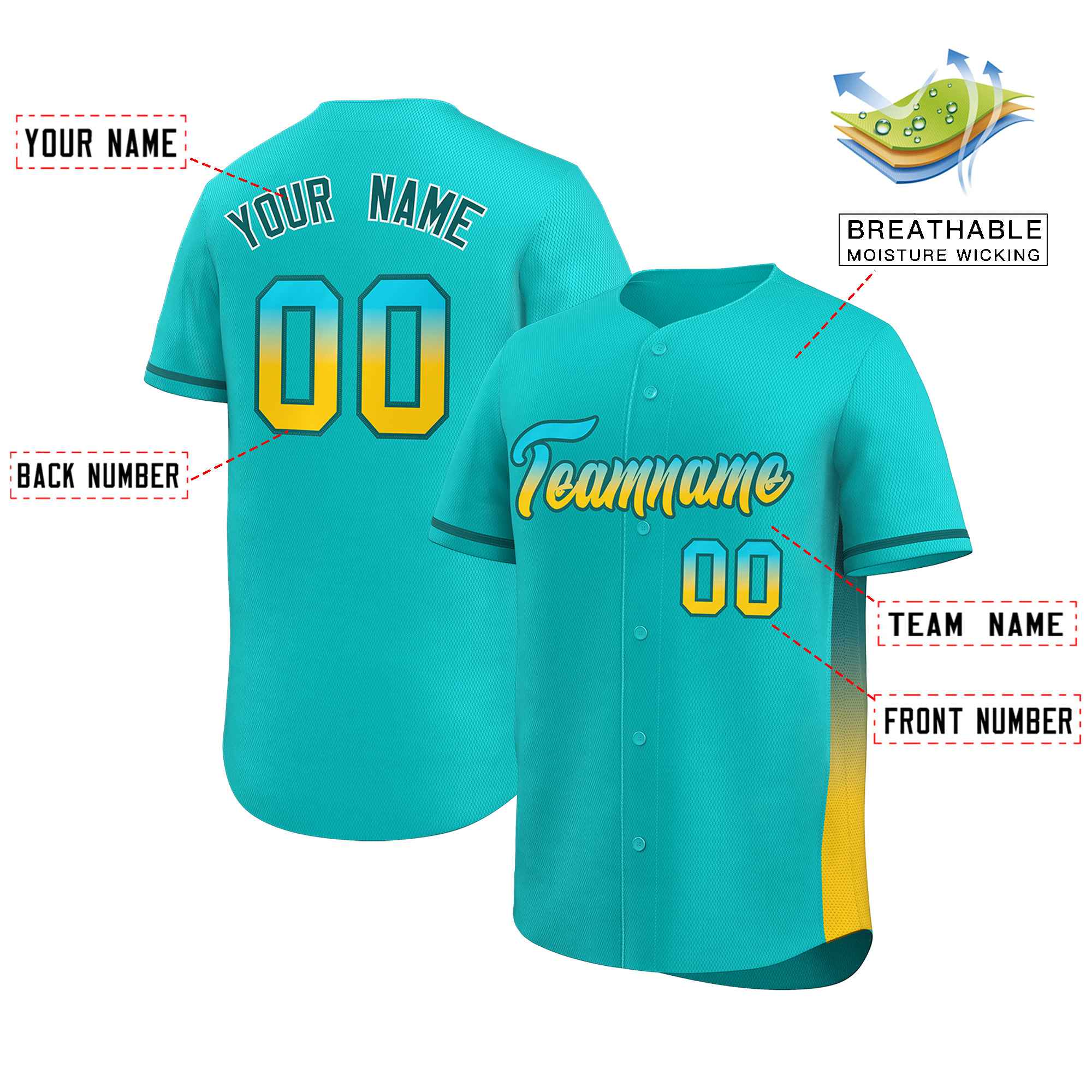 Custom Aqua Aqua-Gold Personalized Gradient Font And Side Design Authentic Baseball Jersey